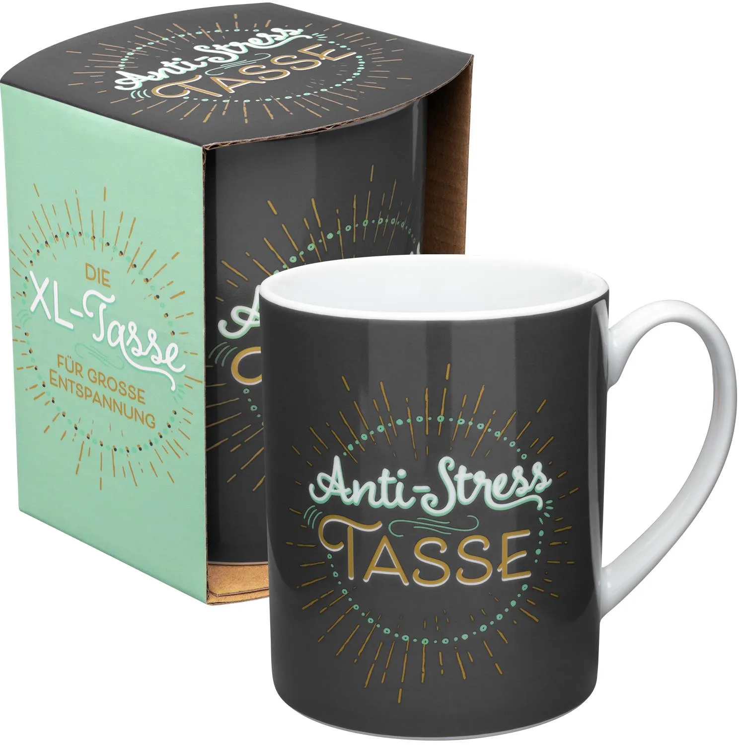 XL-Tasse Anti-Stress—große Porzellans-Tasse in Schwarz mit Golddruck