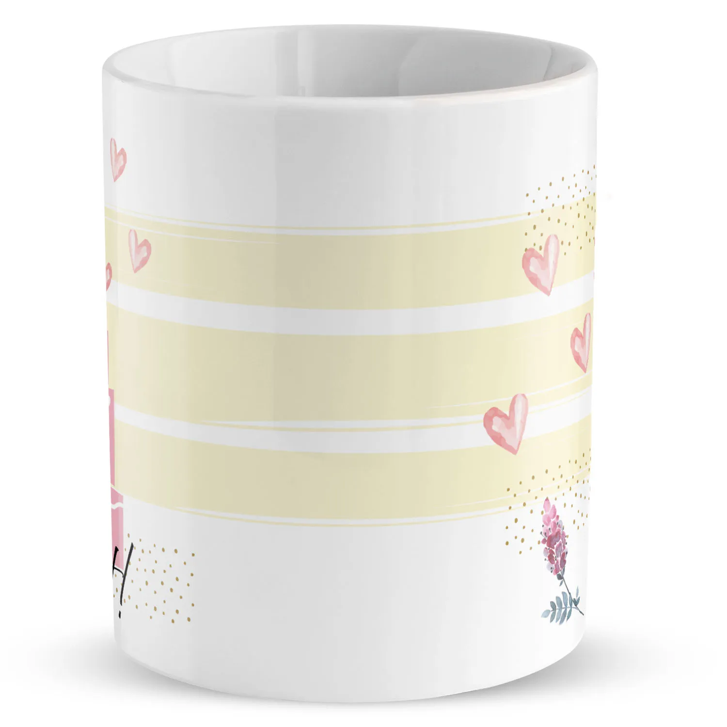Personalisierbare Porzellan-Tasse mit pastellgelben Streifen, Herzen und Blumen