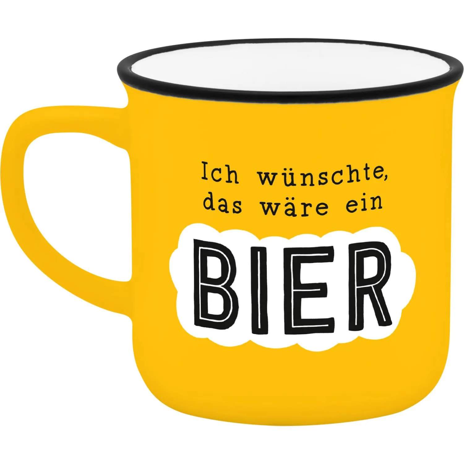 Gelber Espressobecher mit Spruch 'Ich wünsche, das wäre ein BIER' auf weißem Innenraum.