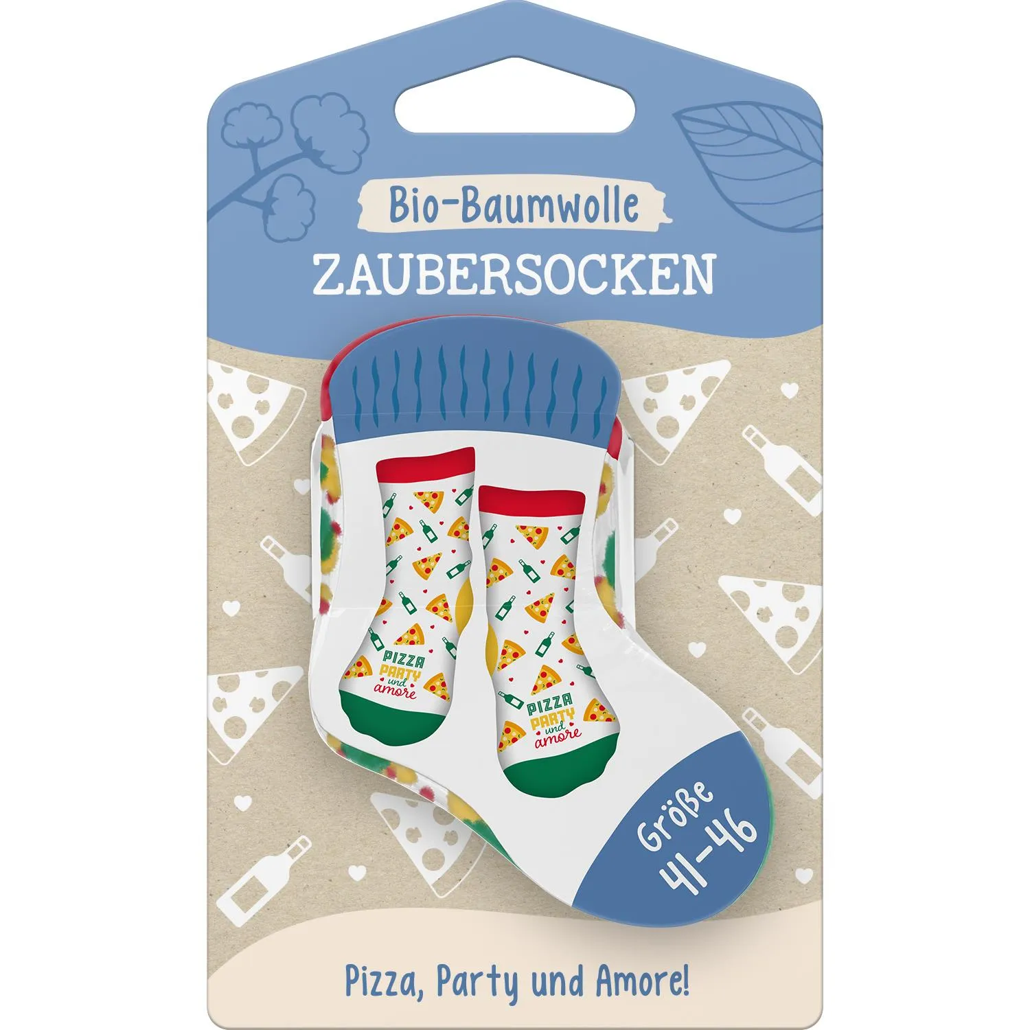 Zaubersocken aus Bio-Baumwolle mit Pizza-Scheiben-Muster auf weißem Grund