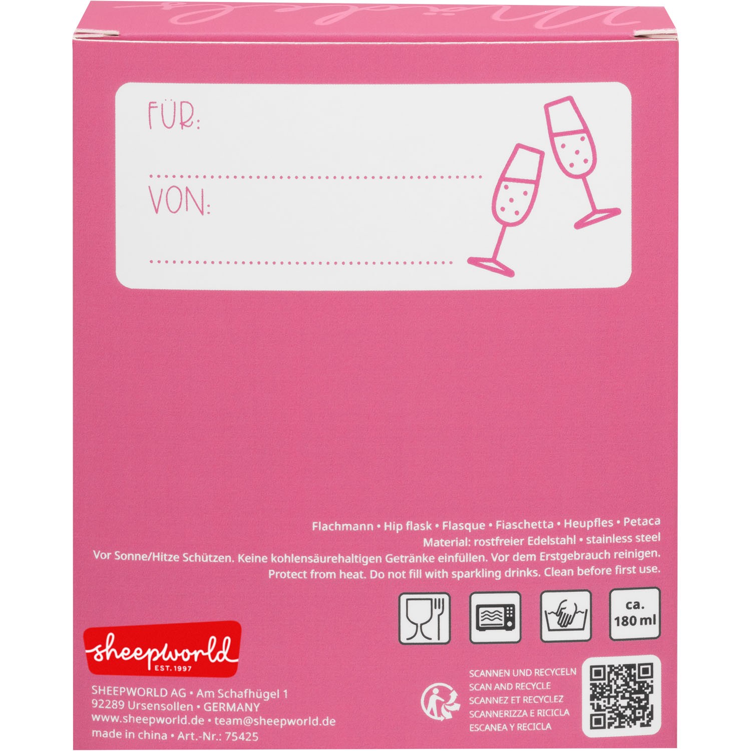 Rosa Flachmann aus Edelstahl, 180 ml, in rosafarbener Verpackung mit Sichtfenster