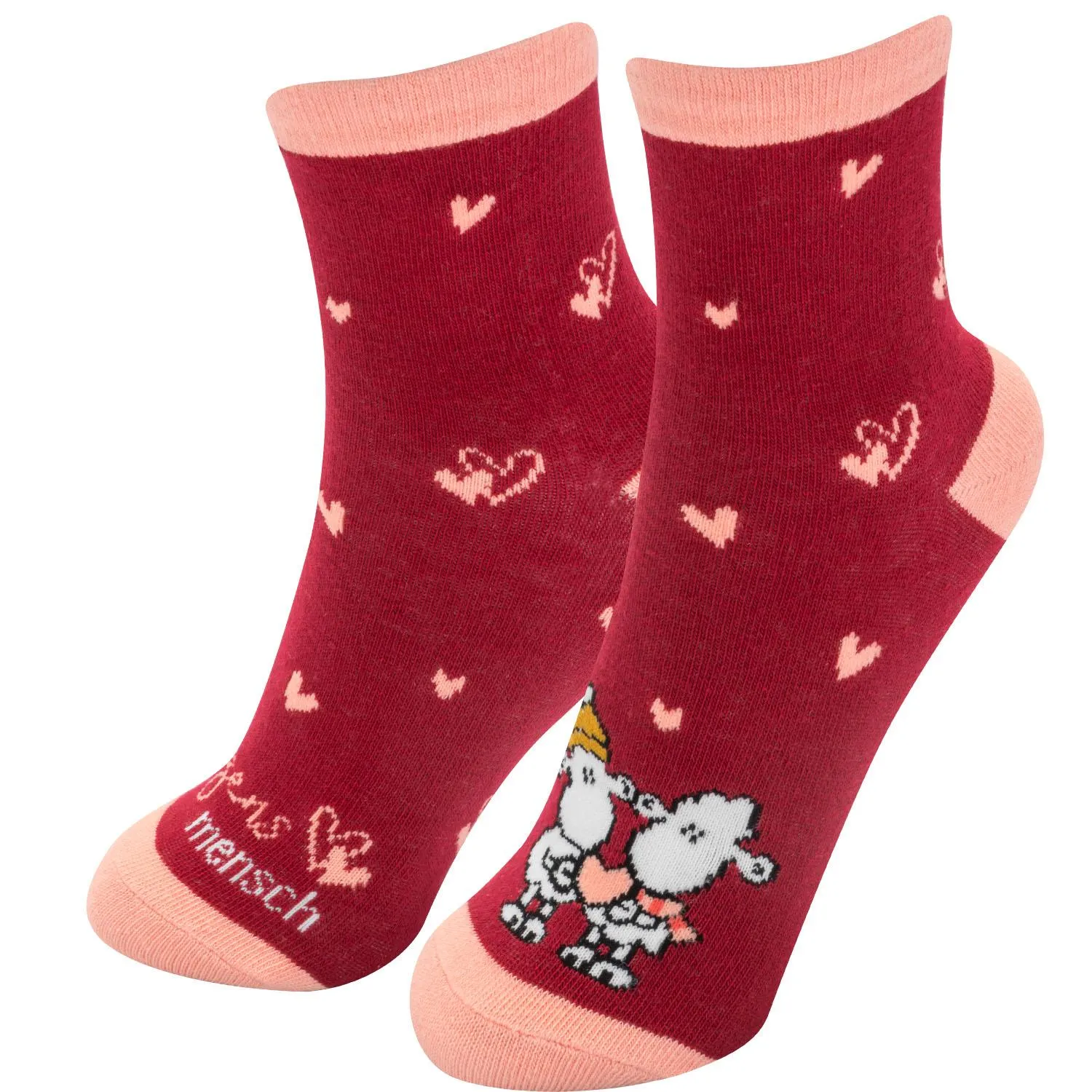 Rote Zaubersocken Frauen »Herzen« mit rosa Spitzen und Herz-Motiv, kuschelig weich.