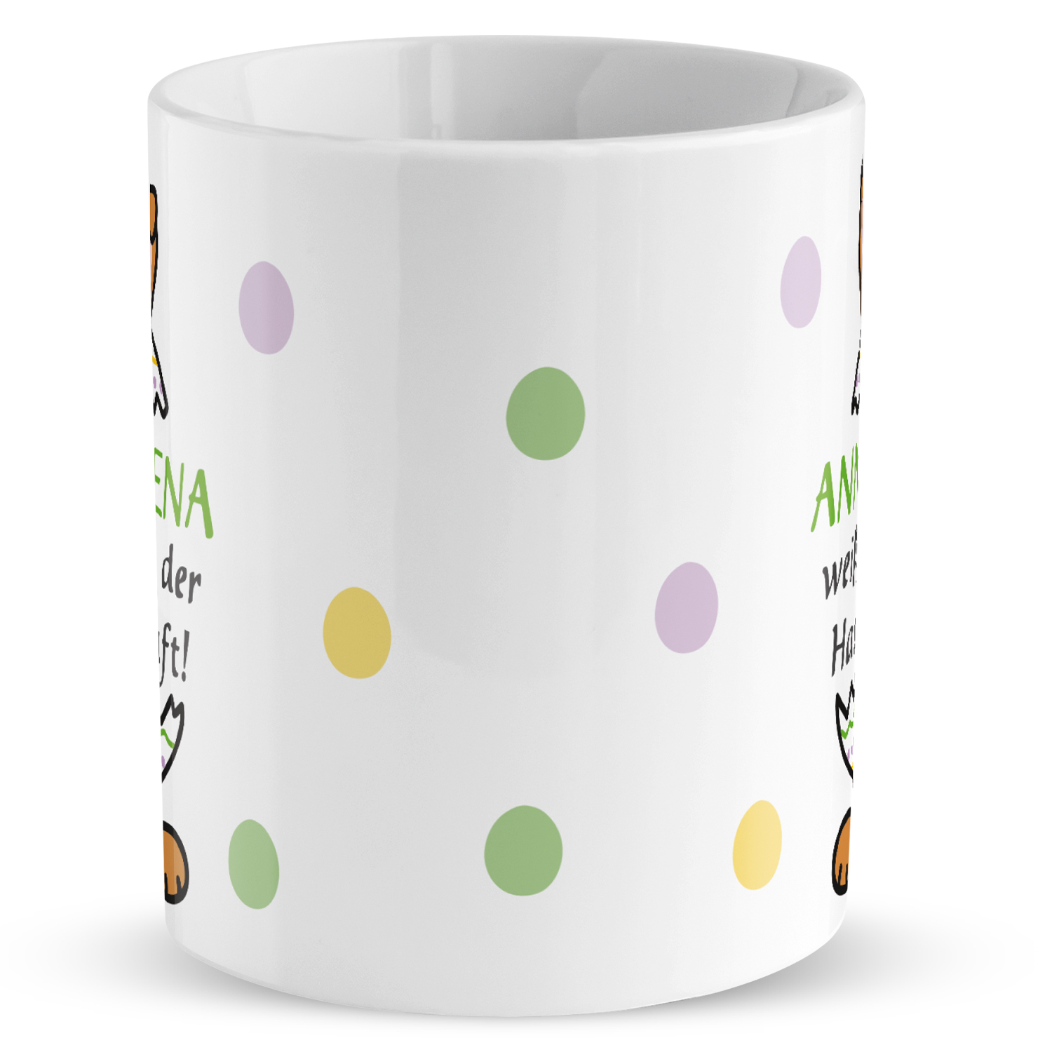 Weiße Porzellan-Tasse mit Pastellpunkten, personalisierbar mit Namen