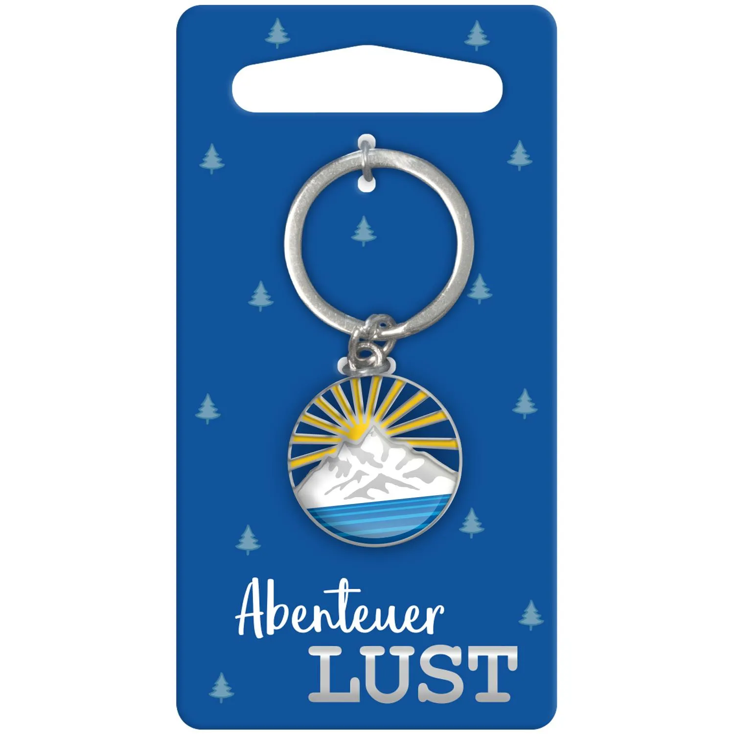 Mini-Schlüsselanhänger »Abenteuer Lust« mit Bergmotiv, Sonnenaufgang und Meer, silbernem Ring