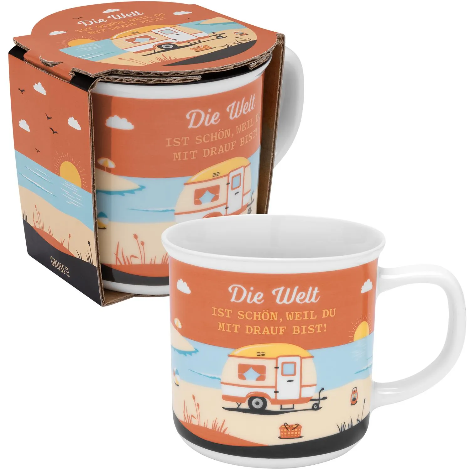 Becher im Camping-Motiv mit Caravan am Meer, Orange-Blau, Verpackung