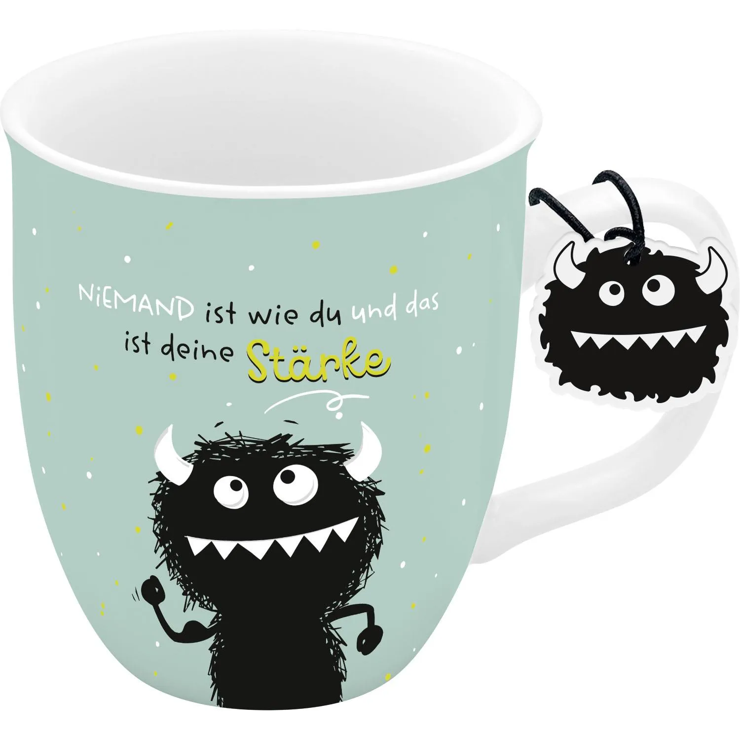 Espressotasse aus Porzellan im Pastellmint mit Monster-Motiv und Geschenkanhänger