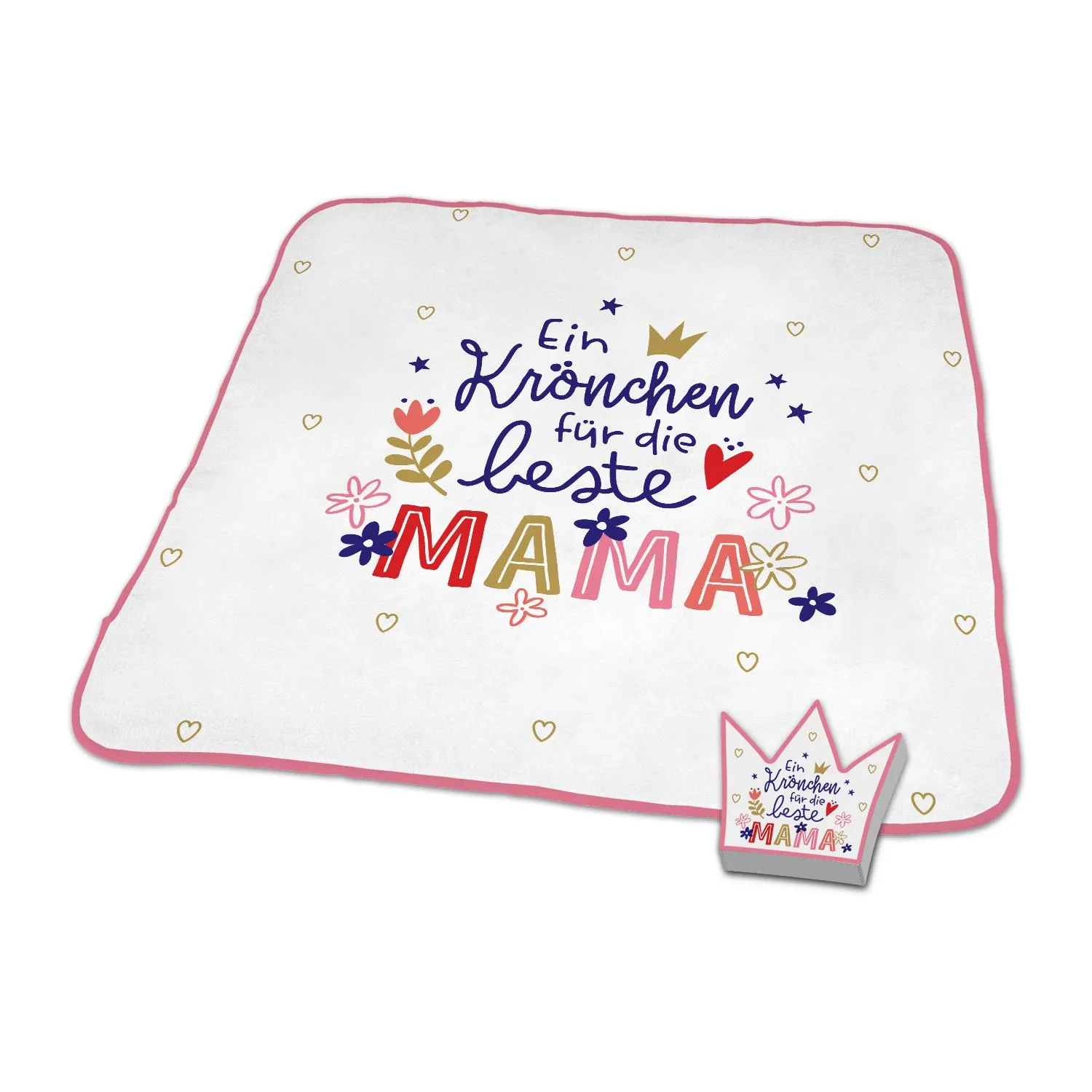 Weißes Zauberhandtuch mit pinkem Rand und Kronenmotiv, 30x30 cm.
