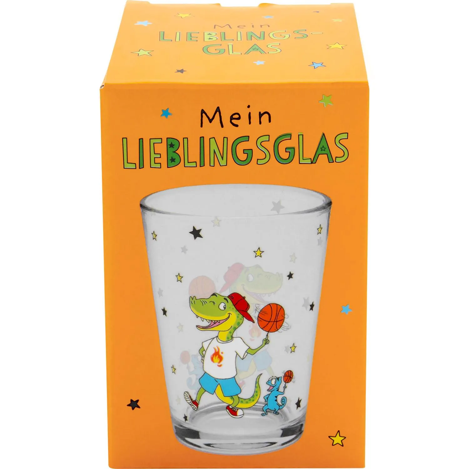 Trinkglas Dino in Geschenkbox, bunt bedruckt mit Basketball-Dino und Chamäleon.