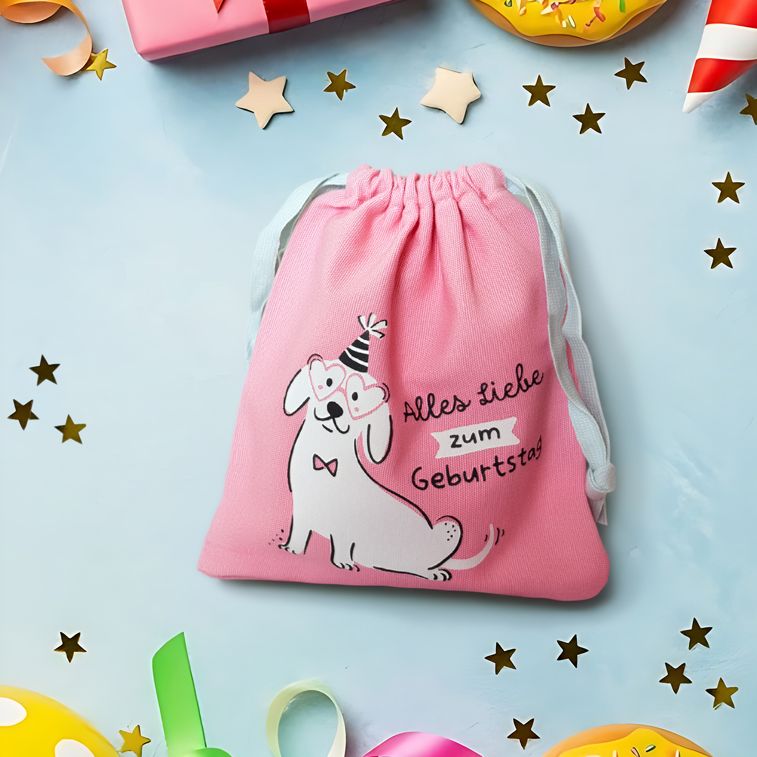 Rosa Geschenksäckchen mit Hundemotiv und Geburtstagsgruß