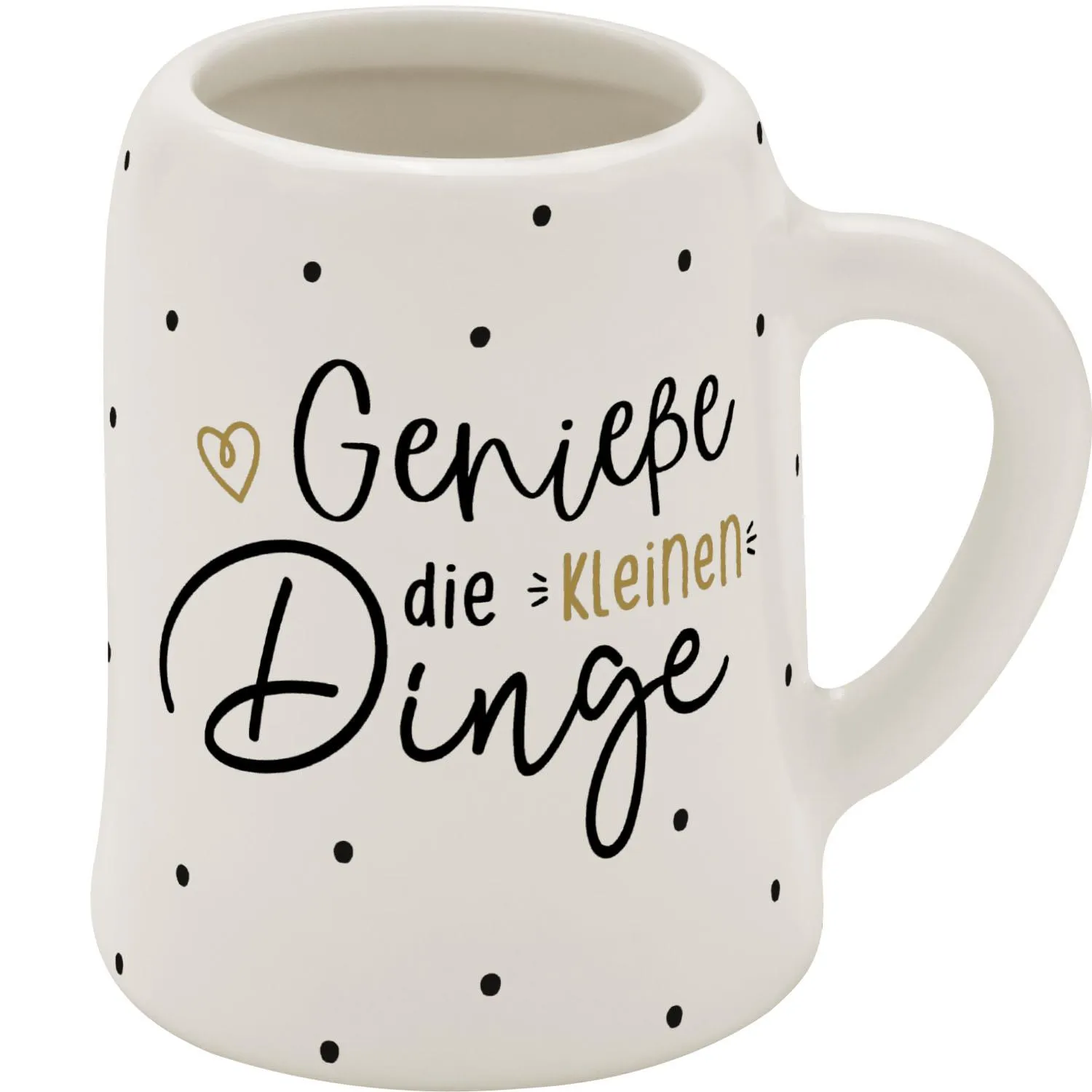 Weißes Porzellan-Schnapsglas mit Griff, Spruch 'Genieße die Kleinen Dinge' in Schwarz mit Goldakzenten.