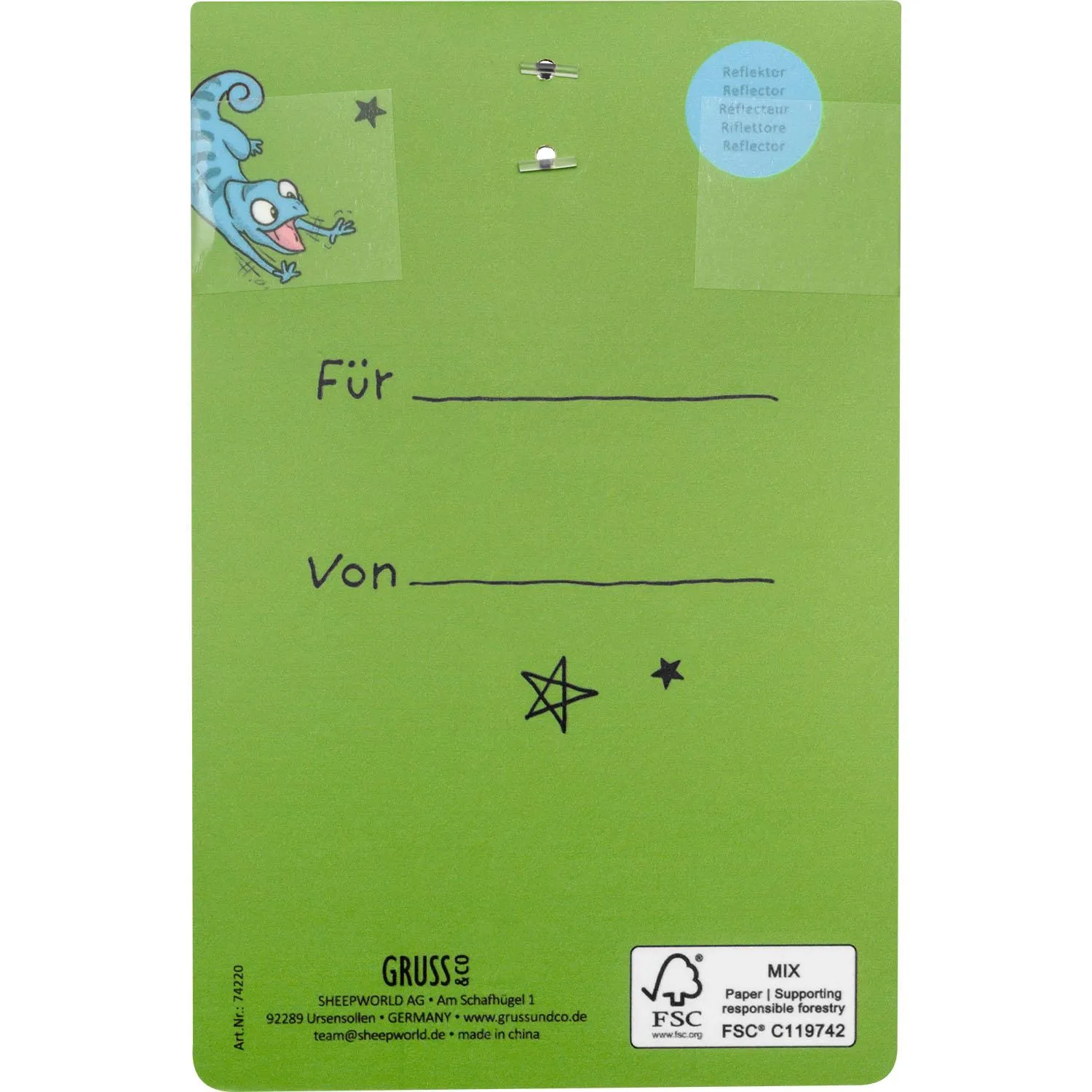 Neon-grüner Dino-Reflektor aus Kunststoff mit Metallclip, 8 x 5,3 cm