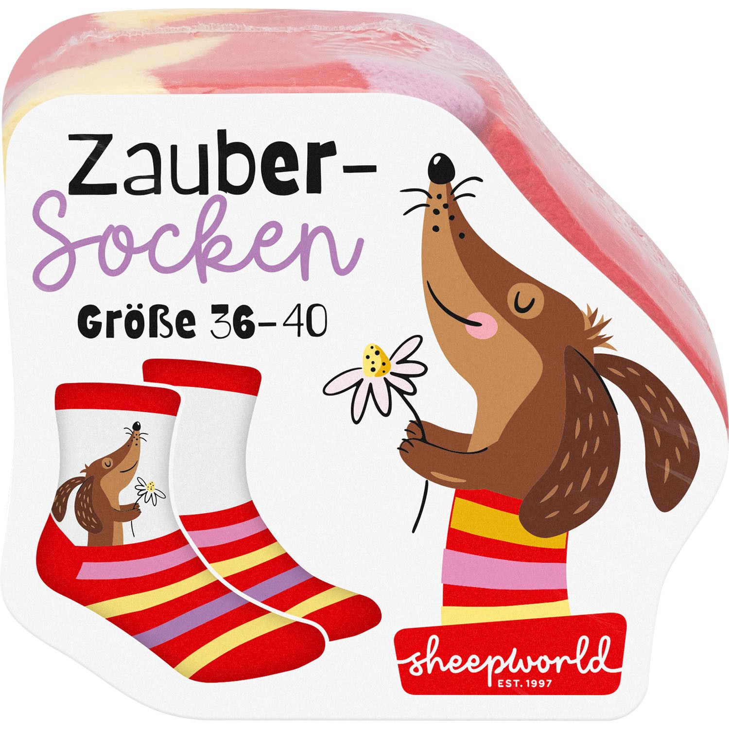 Zaubersocken mit Dackelmotiv und bunten Streifen, in Verpackung