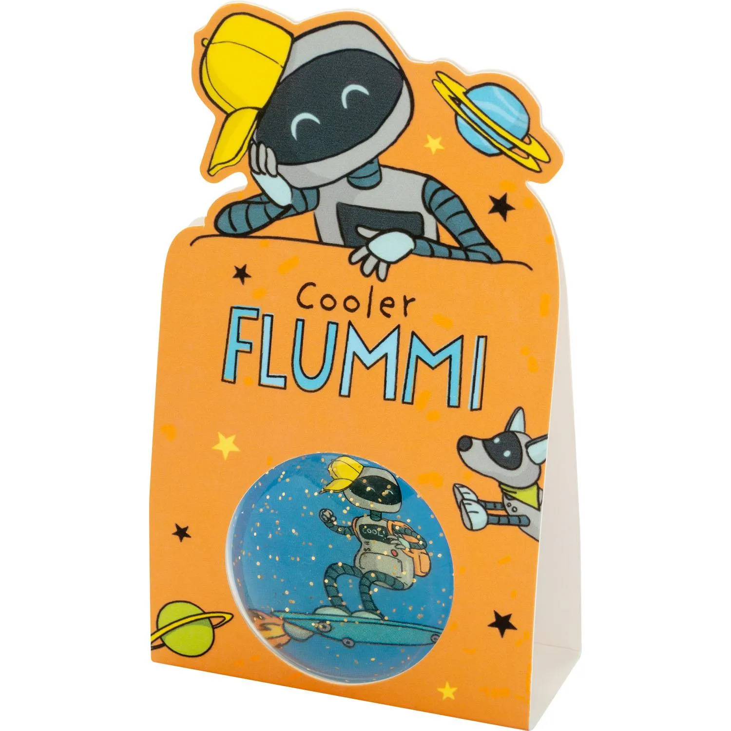 Oranger Verpackung mit Glitzerflummi Roboter-Motiv und Weltraum-Szenerie