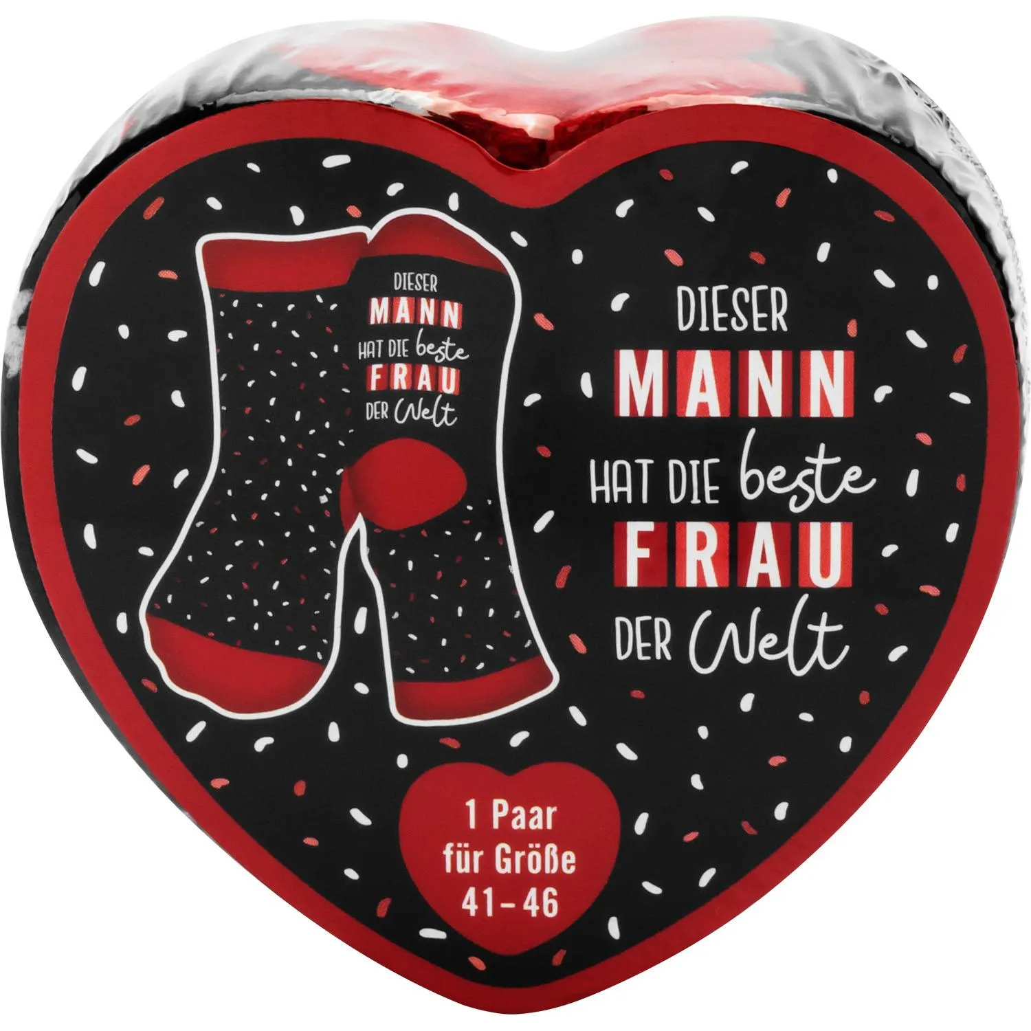 Herzförmige Sockenverpackung mit Spruch zur Wertschätzung der besten Frau.
