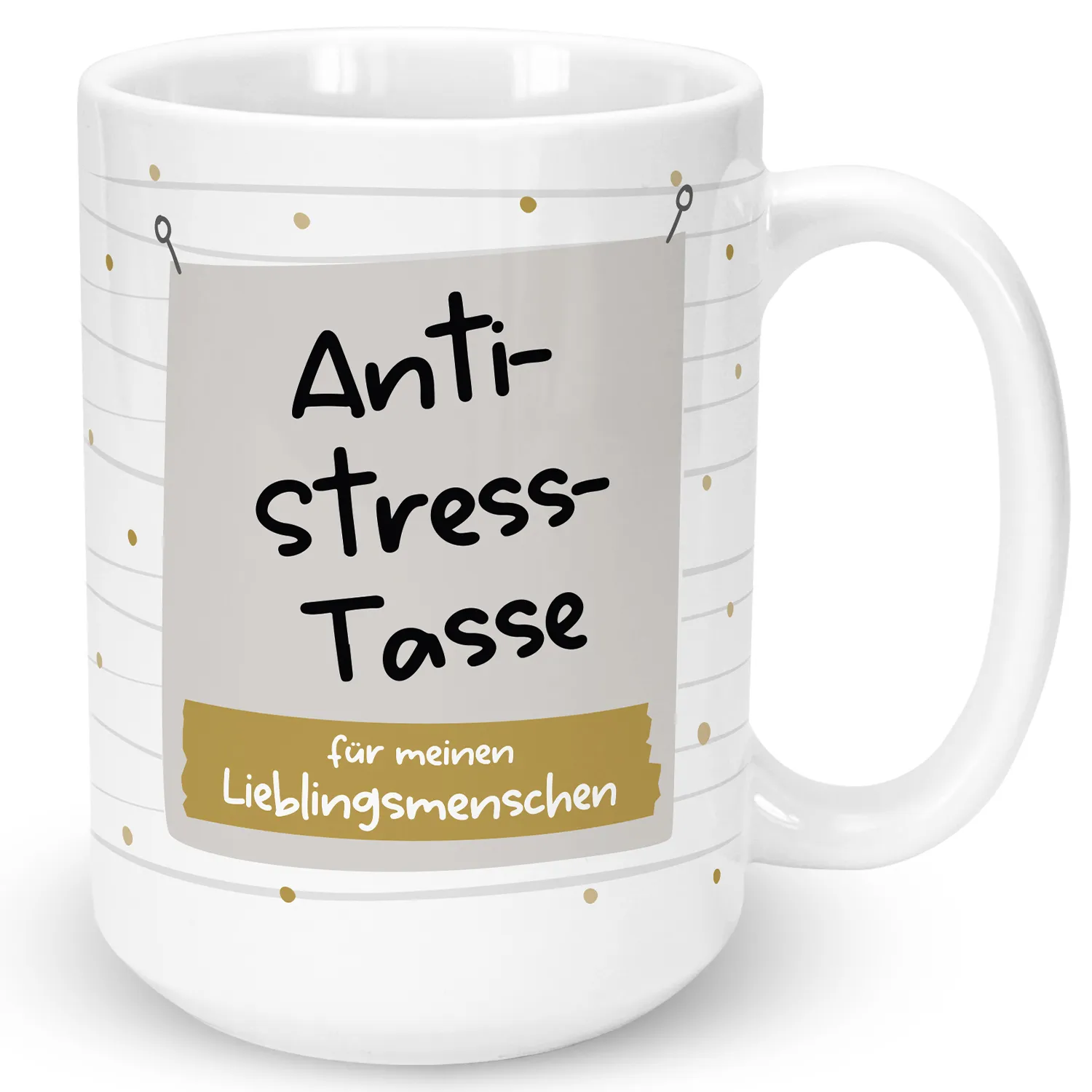 Weiße Keramik-Tasse mit Anti-Stress-Tasse-Motiv und goldenen Akzenten.