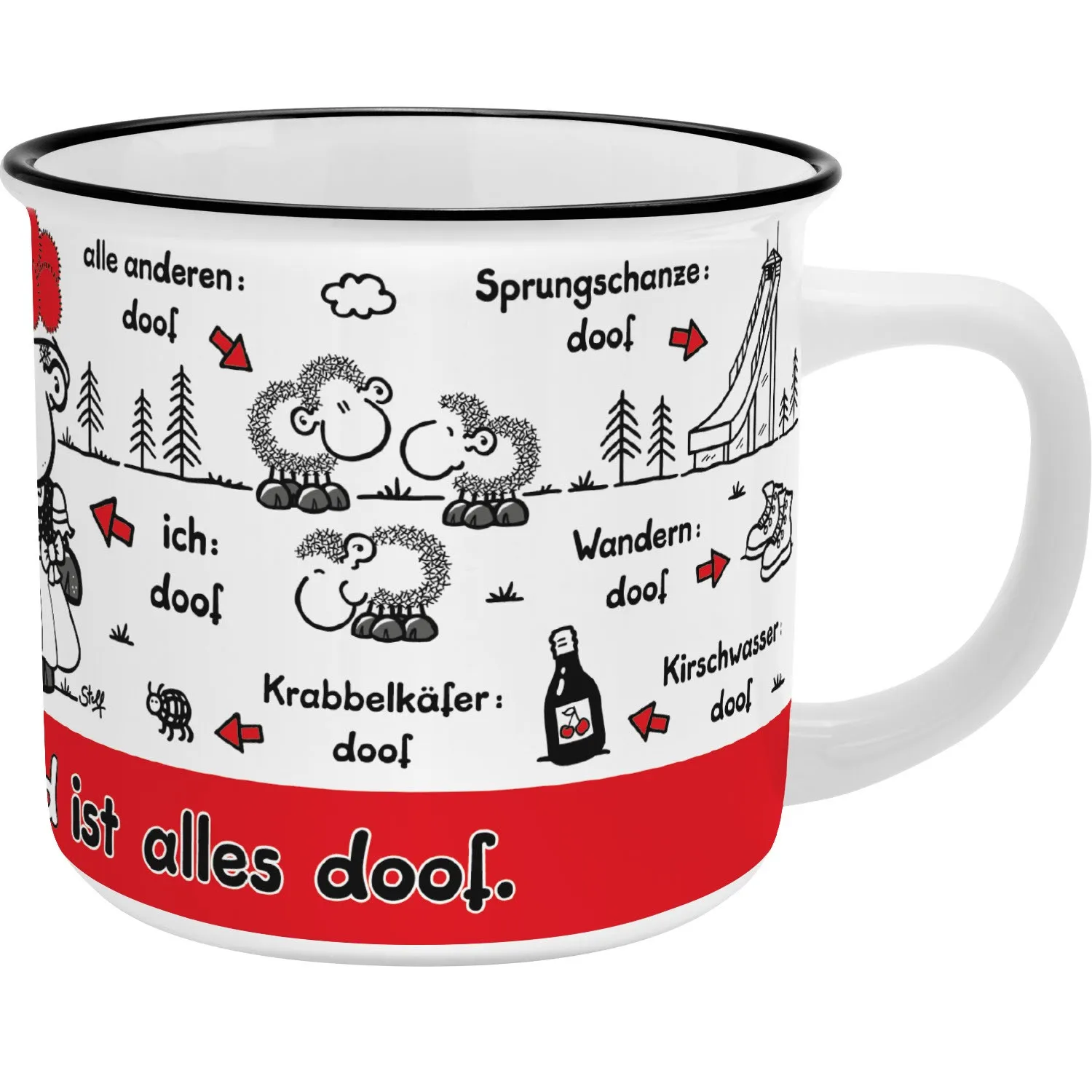 Weiße Porzellan-Tasse mit schwarzen Schäfchen-Illustrationen und rotem Randband.