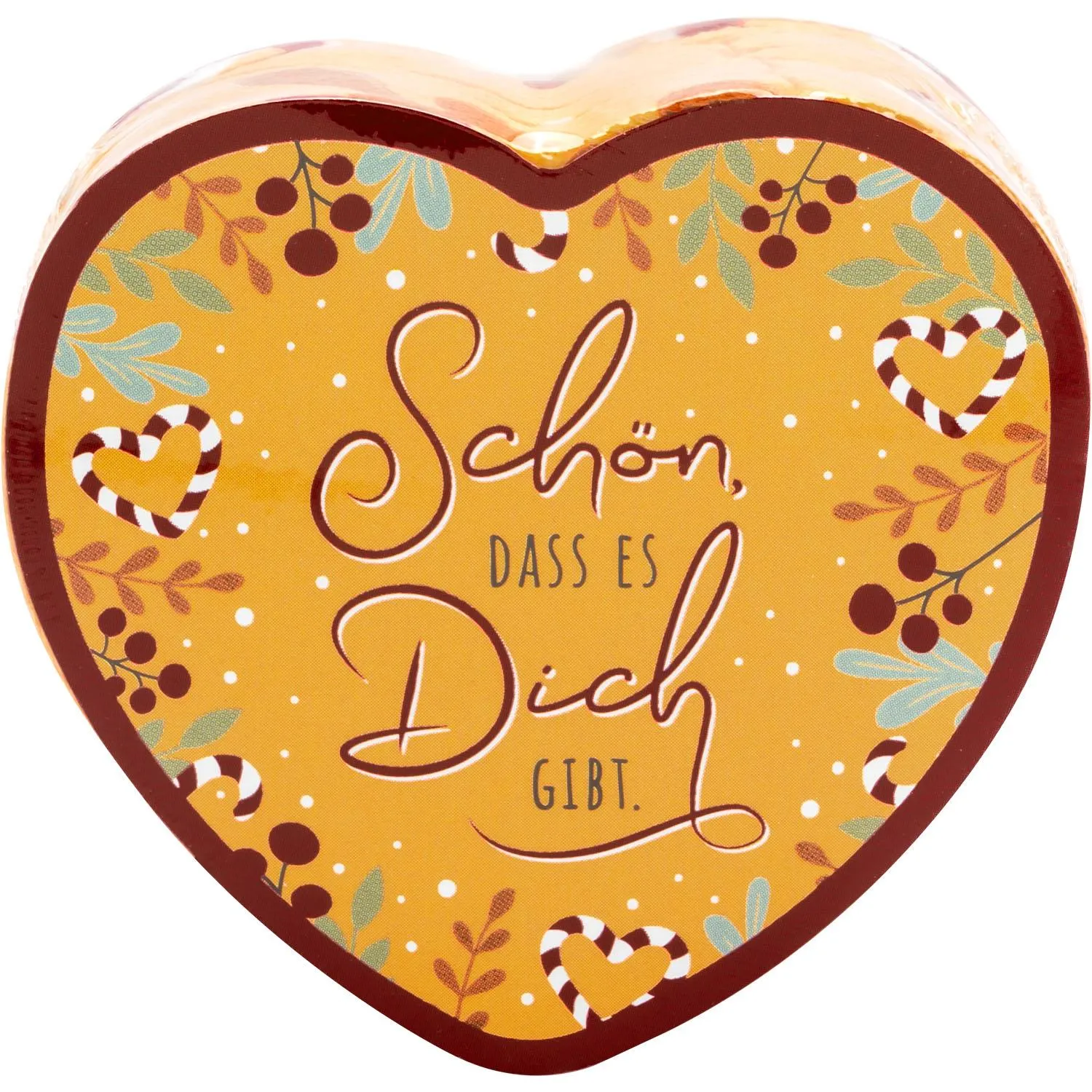 Herzförmiges Baumwoll-Handtuch mit dem Spruch 'Schön, dass es Dich gibt' in warmem Gelb.