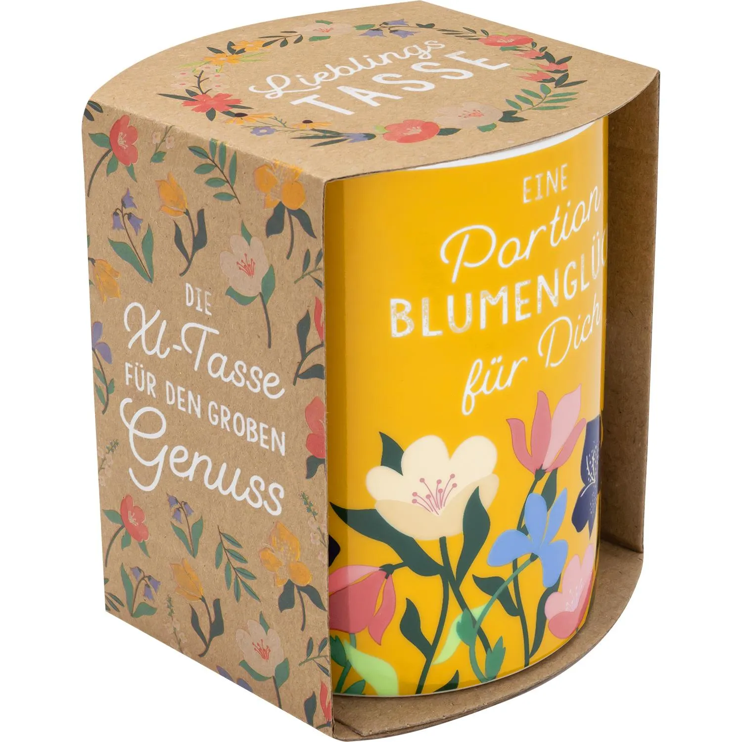 XL-Tasse Gelb mit Blumenmotiv, Geschenkverpackung aus Kraftpapier.