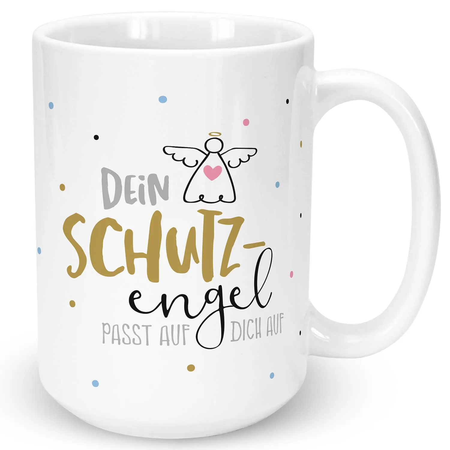 Weiße Keramik-XL-Tasse mit Schutzengel-Motiv und persönlichem Namen