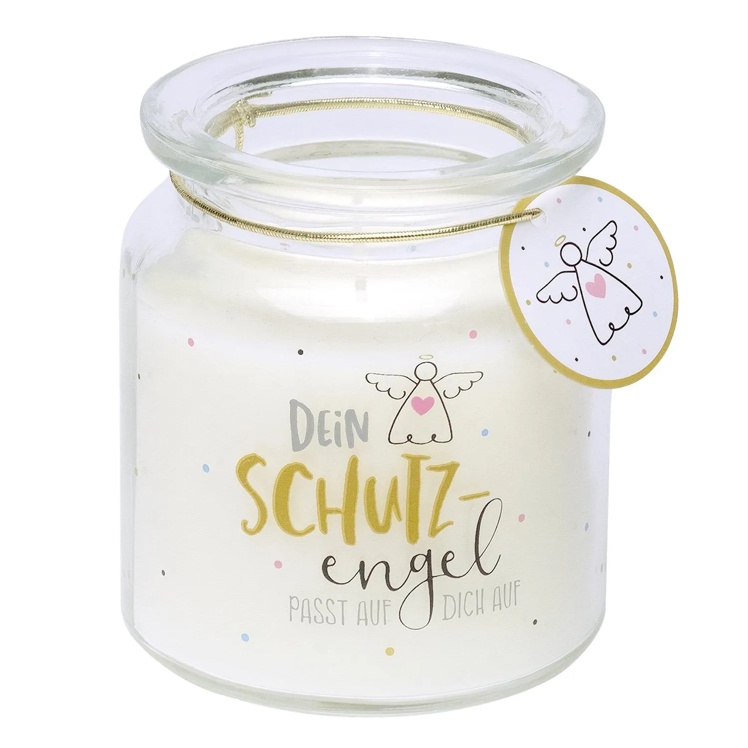 Weiße Kerze im Glas mit Schutzengel-Motiv und pastellfarbenen Punkten