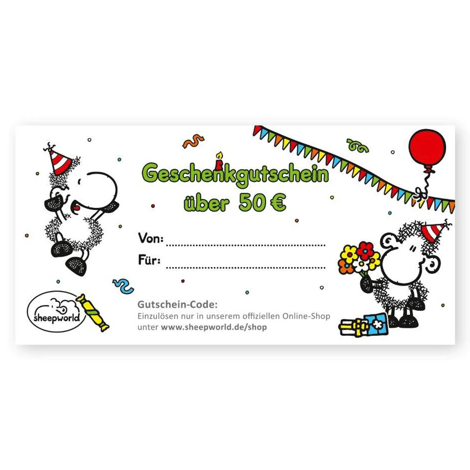 Geschenk-Gutschein über 50 € von sheepworld mit Schaf-Motiven auf weißem Hintergrund