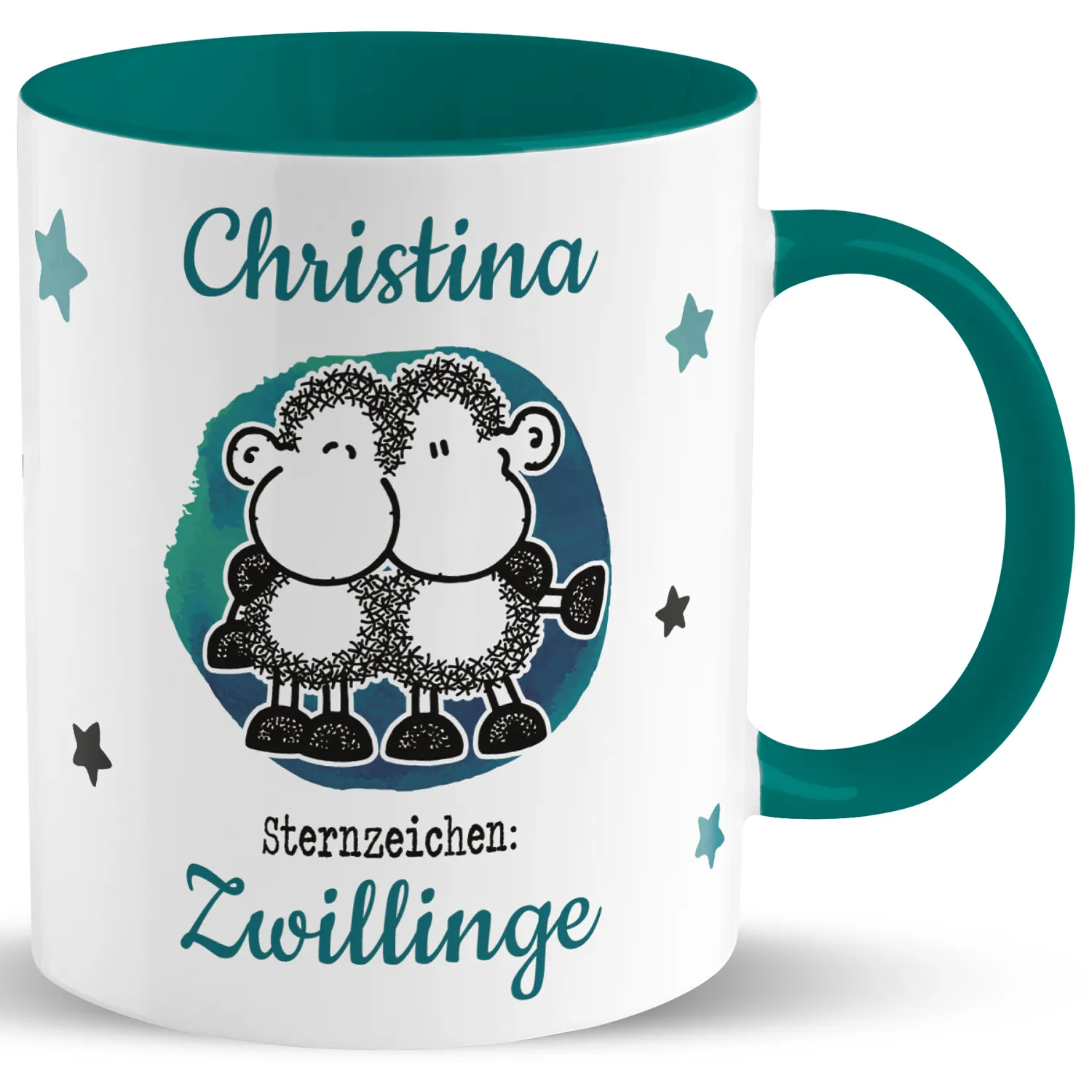 Personalisierte Porzellan-Tasse mit Namen Christina und Zwillinge-Motiv