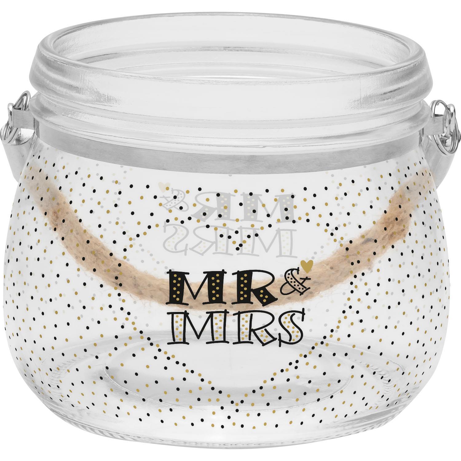 Windlicht aus Glas mit MR & MRS und goldenen Punkten, Bast-Tragegriff