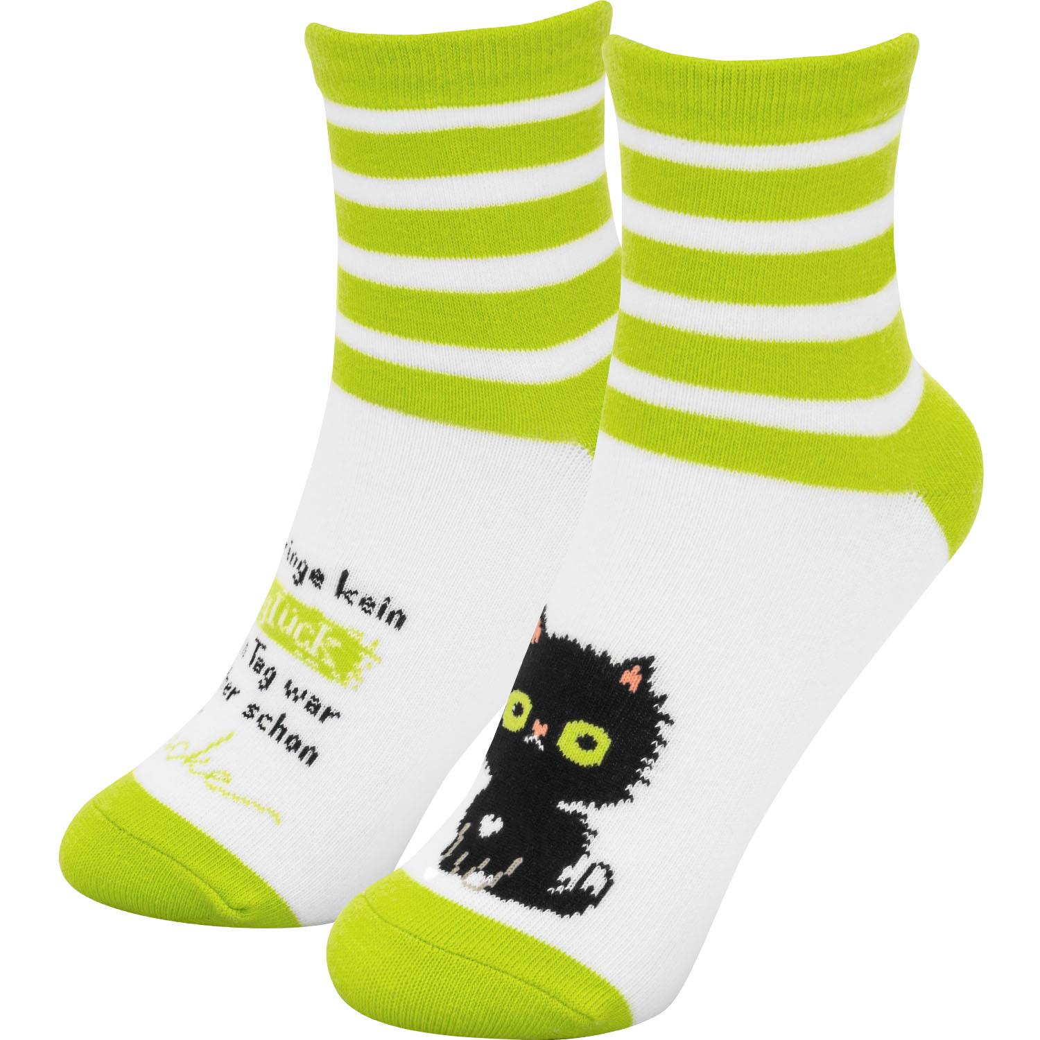 Neon-lime grüne und weiße Streifensocken mit schwarzer Katzenillustration