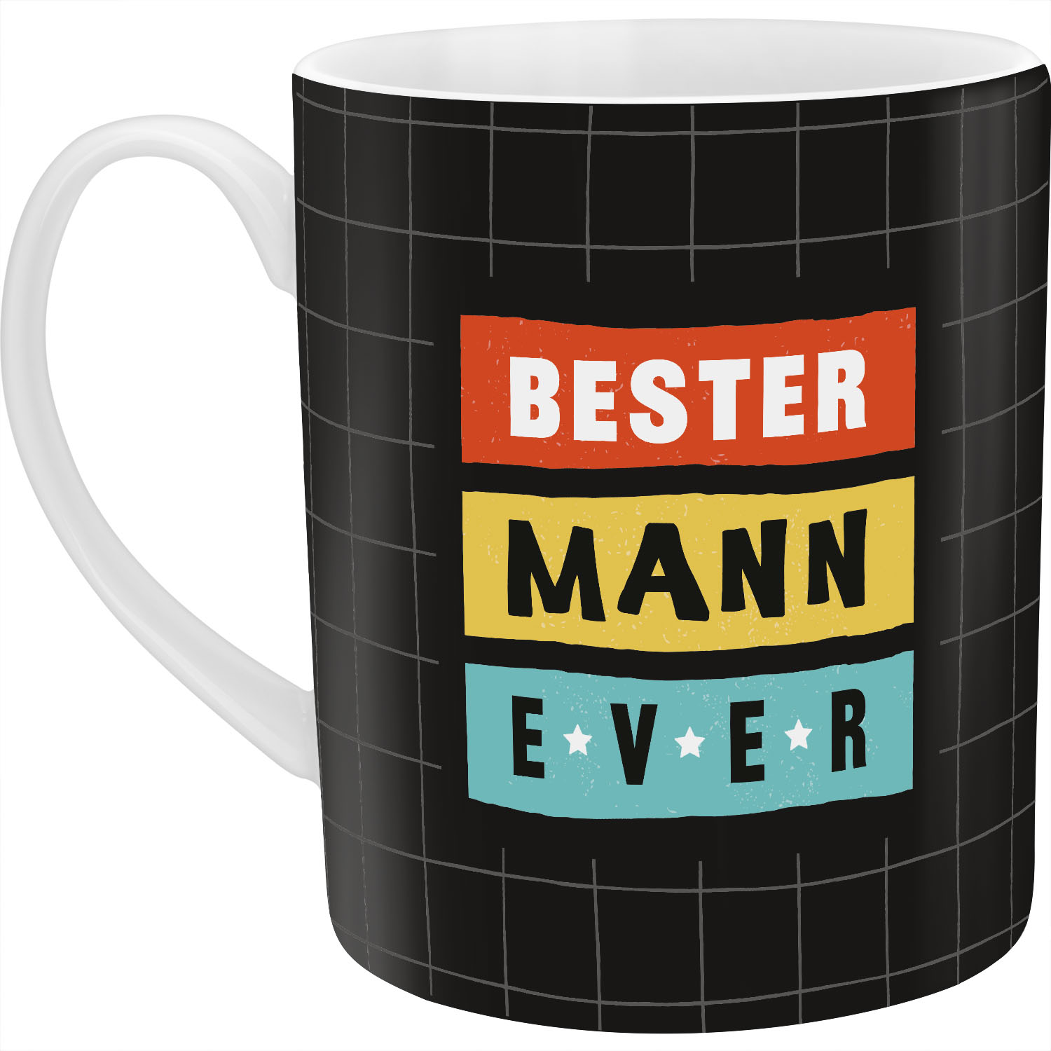 Weiße XL-Tasse mit dreifarbigem Schriftzug 'BESTER MANN EVER' in Rot, Gelb und Türkis
