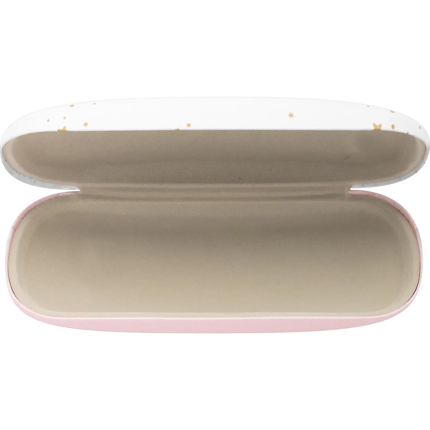 Brillenetui aus Kunststoff, weiße Oberseite mit Goldstern-Druck, rosa Boden, samtiges Innenfutter