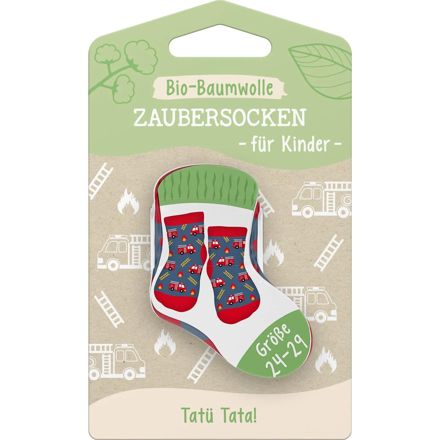 Kleinkind-Zaubersocken aus Bio-Baumwolle mit Feuerwehrmotiv, blau mit roten Details, in Verpackung.