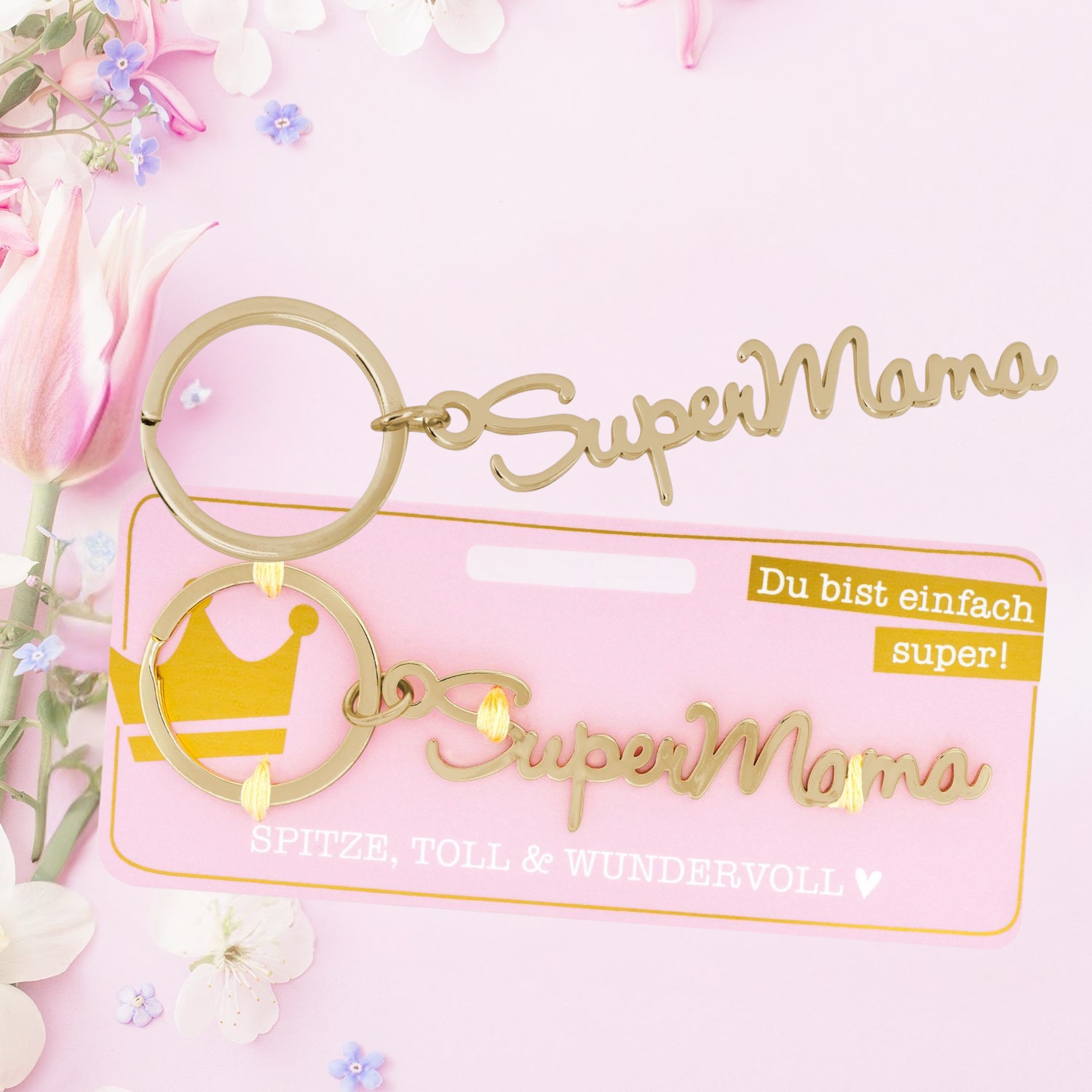 Goldener Schlüsselanhänger Super Mama mit Kreismotiv, auf Headercard