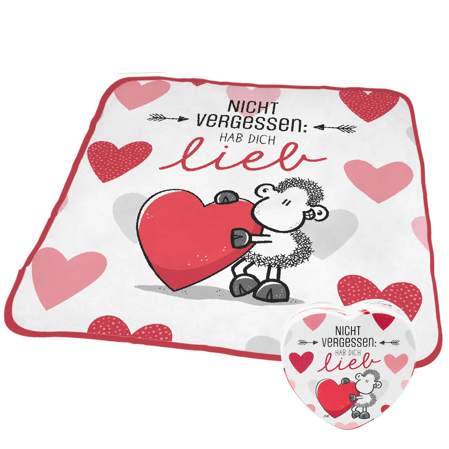 Weißes Handtuch mit rotem Rand, Schafmotiv und Herz-Print