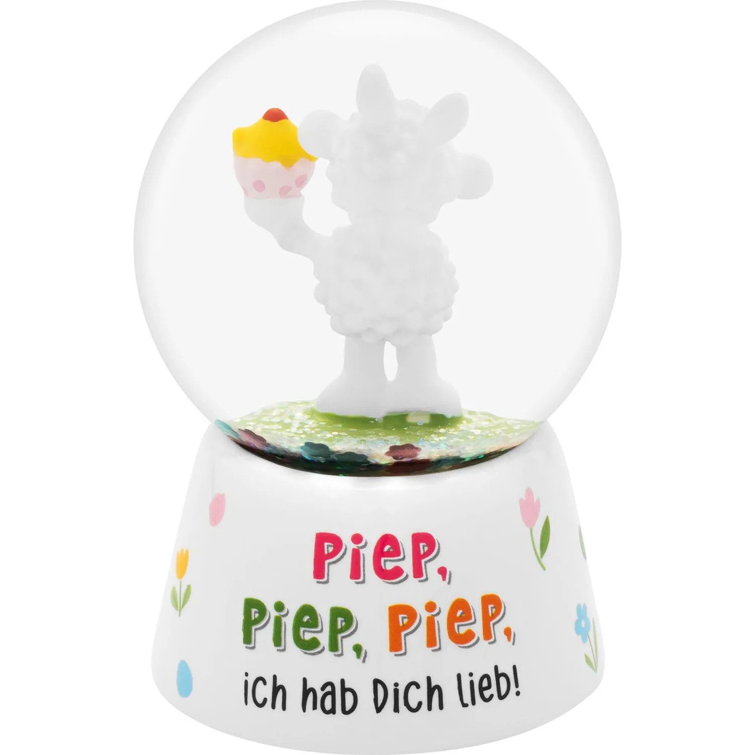Schneekugel mit weißem Schaf, Glasballon, bunte Blumen am Sockel, Spruch