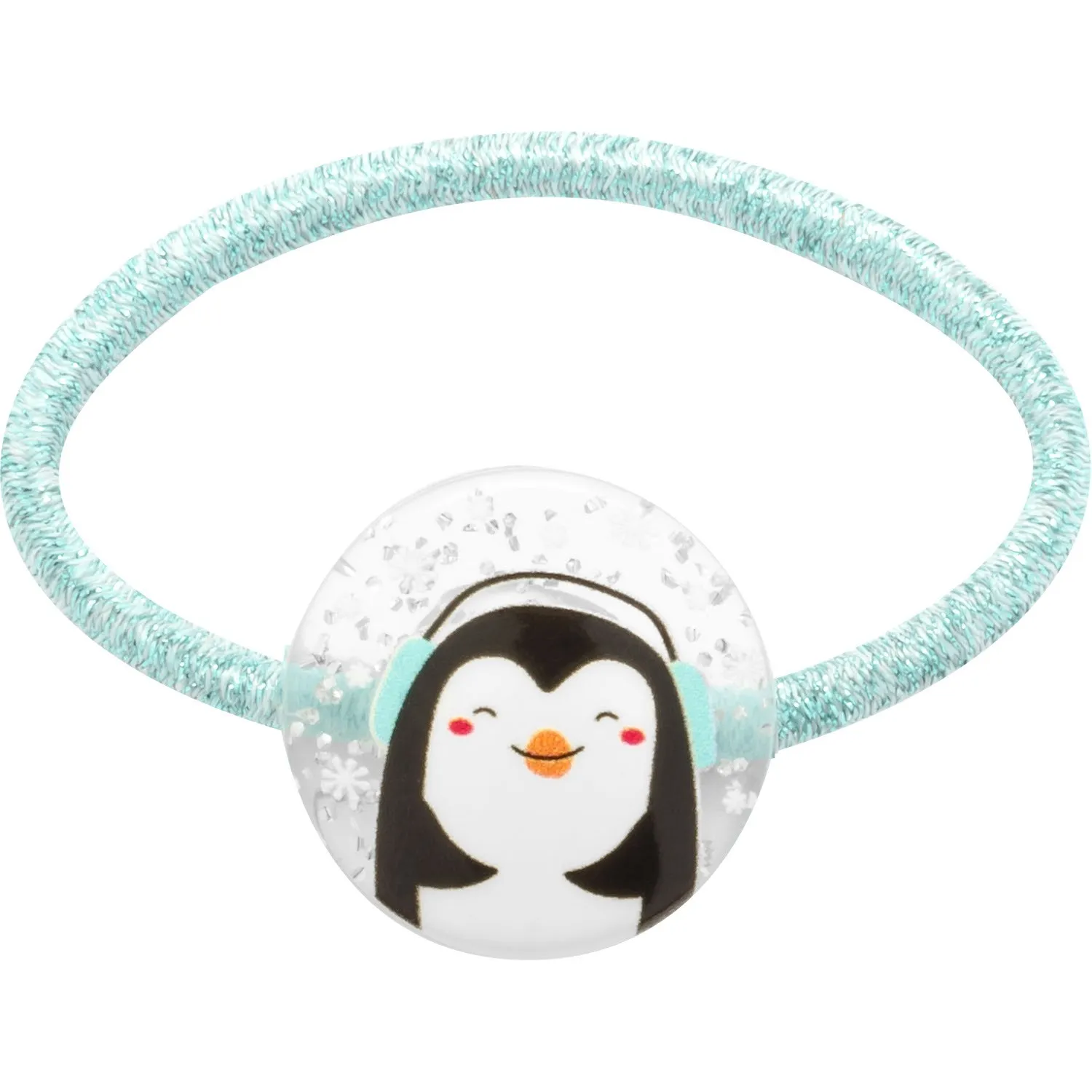 Mintfarbenes Haargummi-Set mit rundem Anhänger und Pinguin-Motiv.