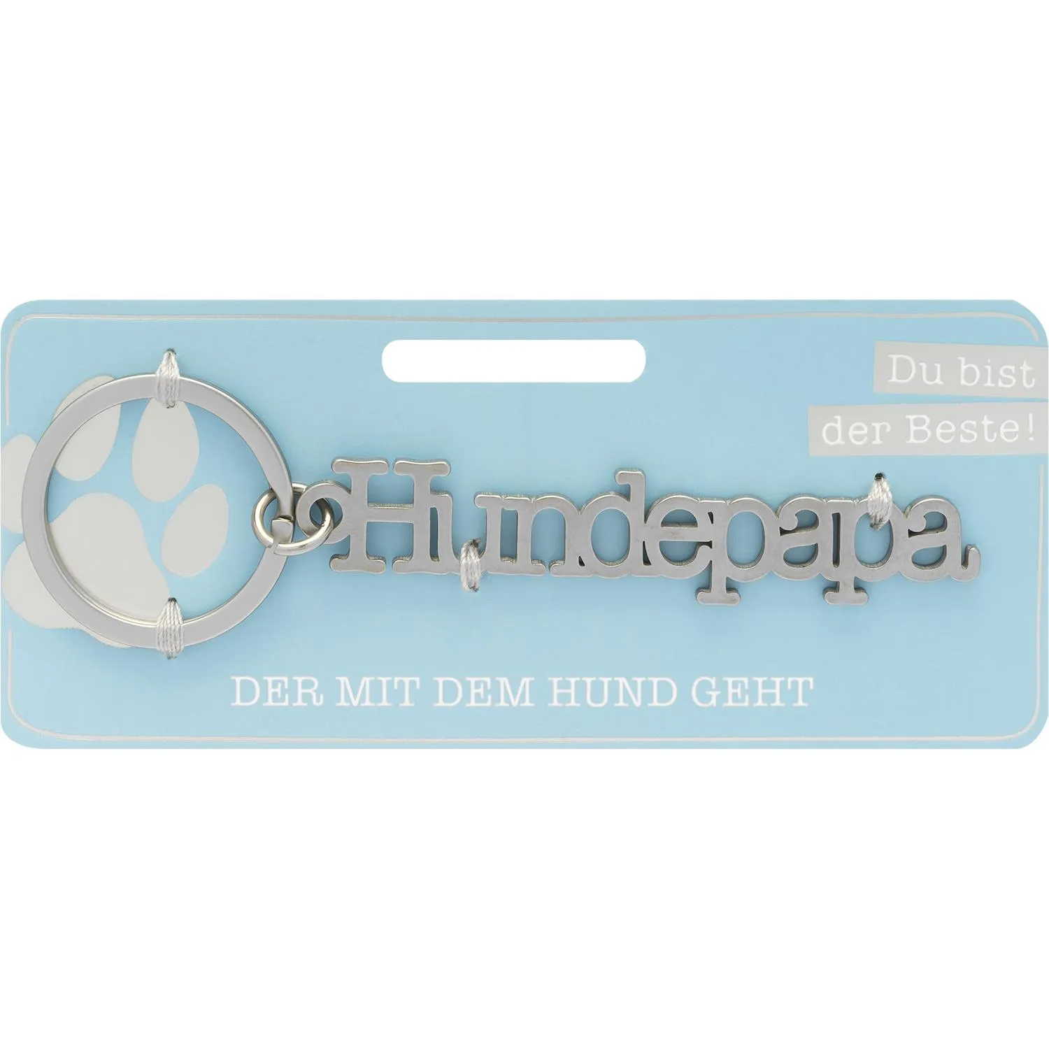 Silberner Schlüsselanhänger mit Schriftzug 'Hundepapa' auf hellblauer Verpackung