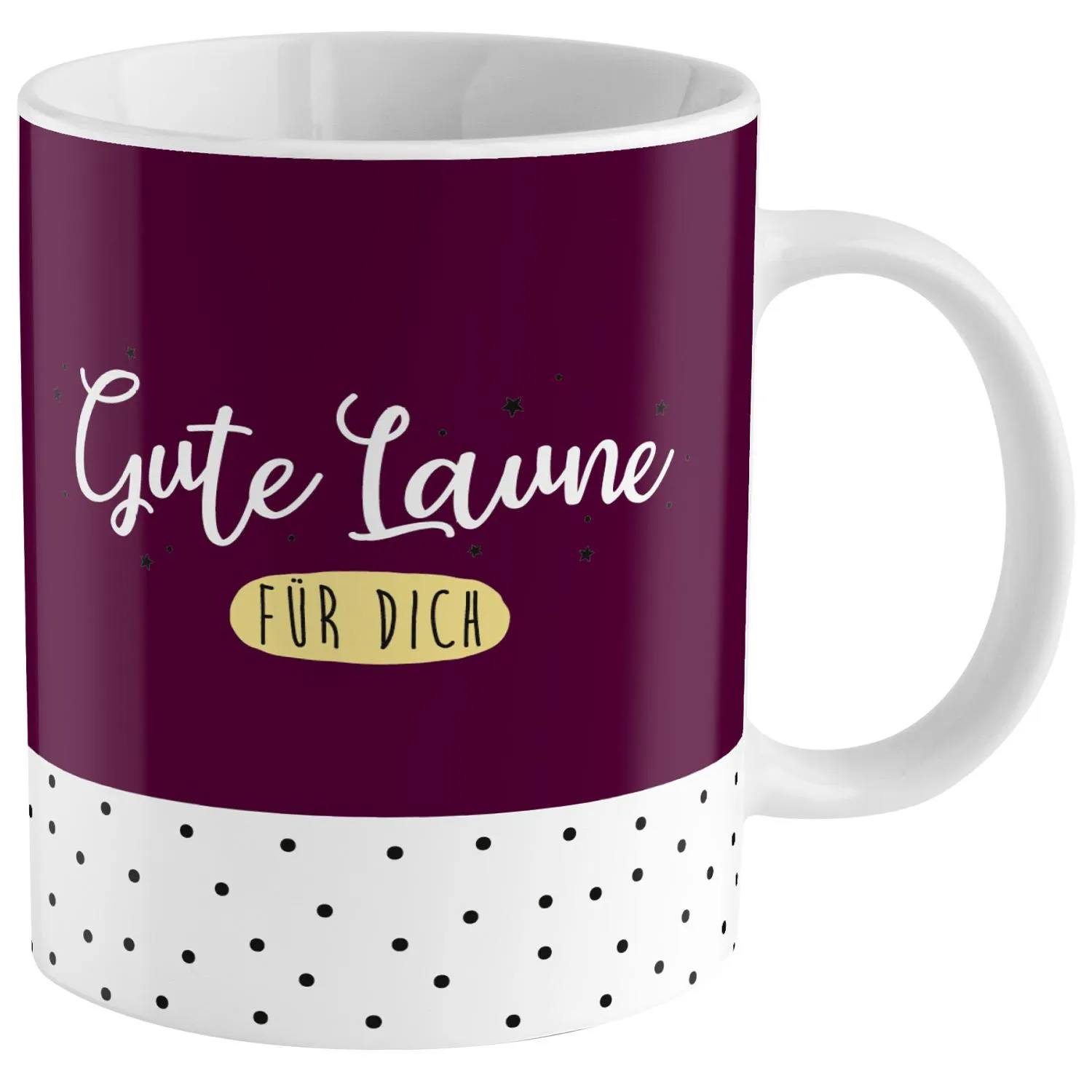 Dunkelrote Tasse mit weißem unteren Bereich und schwarzen Punkten
