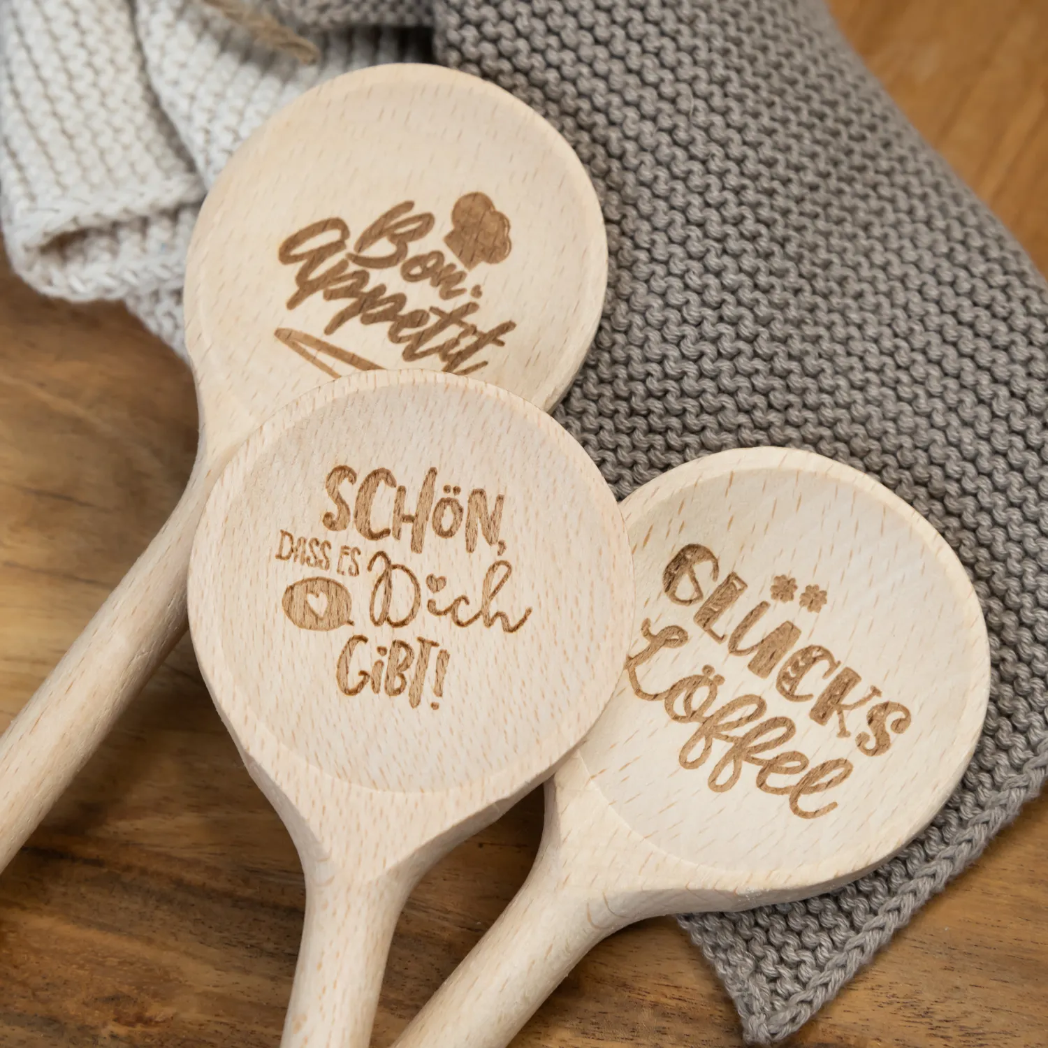 Holz-Kochlöffel-Set 'Glückslöffel' mit eingebranntem Motiv