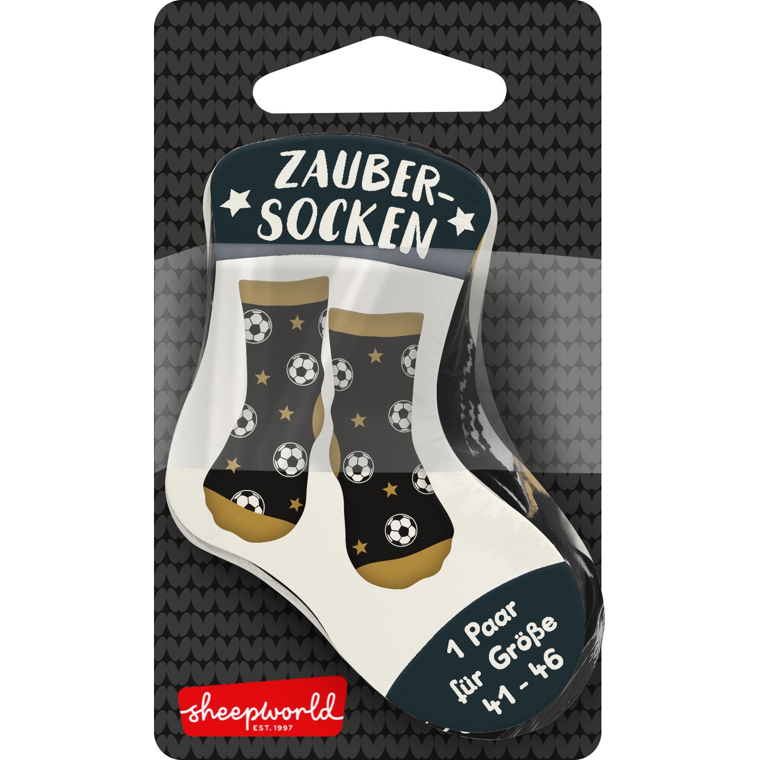 Zaubersocken Fußballmotiv – schwarze Socken mit Fußballkugeln und goldenen Sternen, Größe 41–46