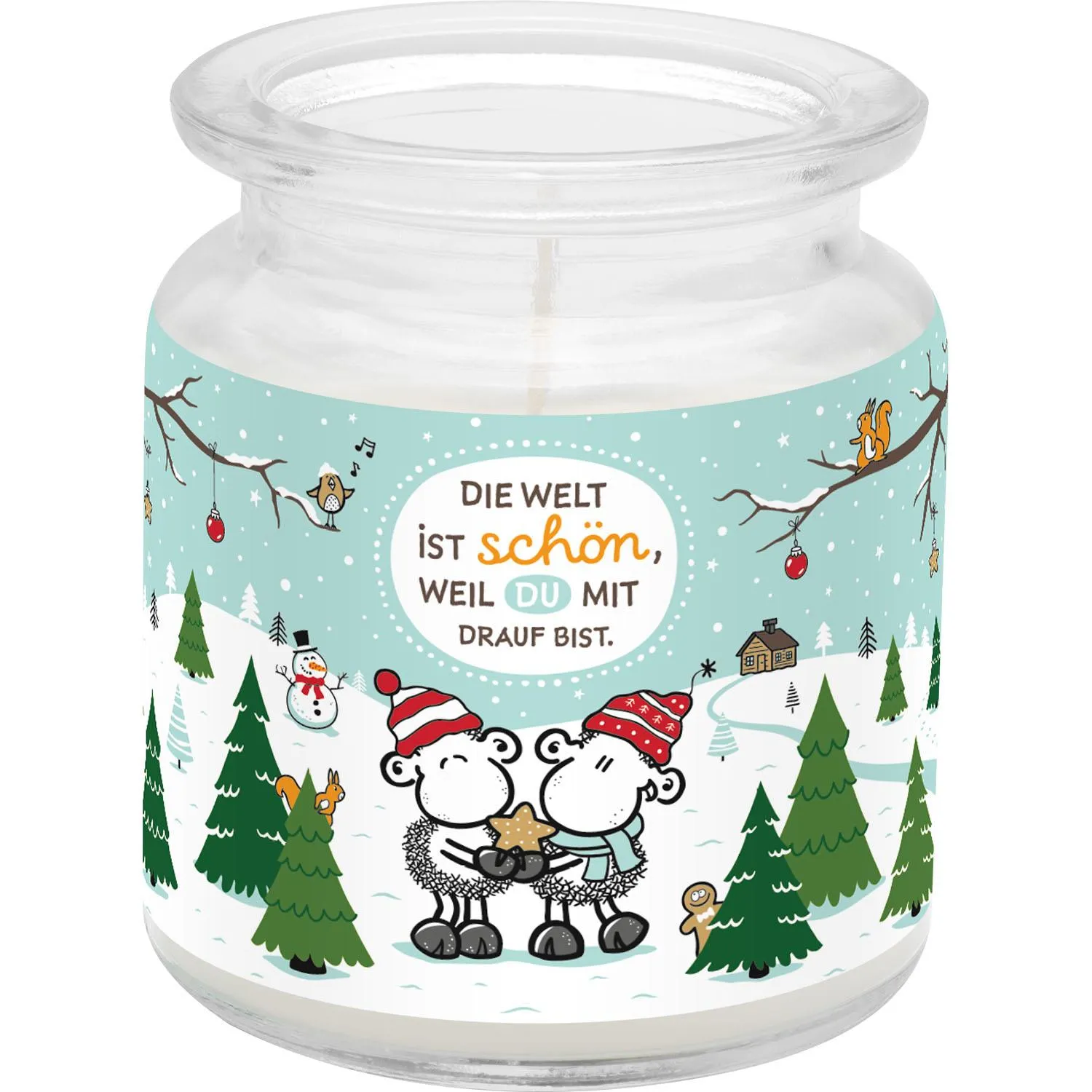 Kerze im Glas mit Winter-Szene und zwei Schäfchen, Vanilleduft, hellblaues Etikett.