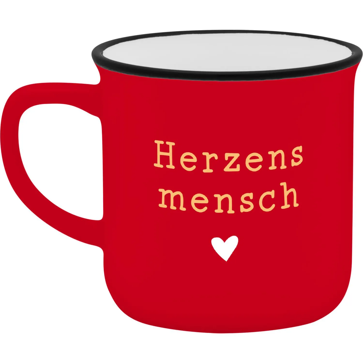 Roter Espressobecher aus Porzellan mit goldener Schrift 'Herzensmensch' und kleinem Herz.