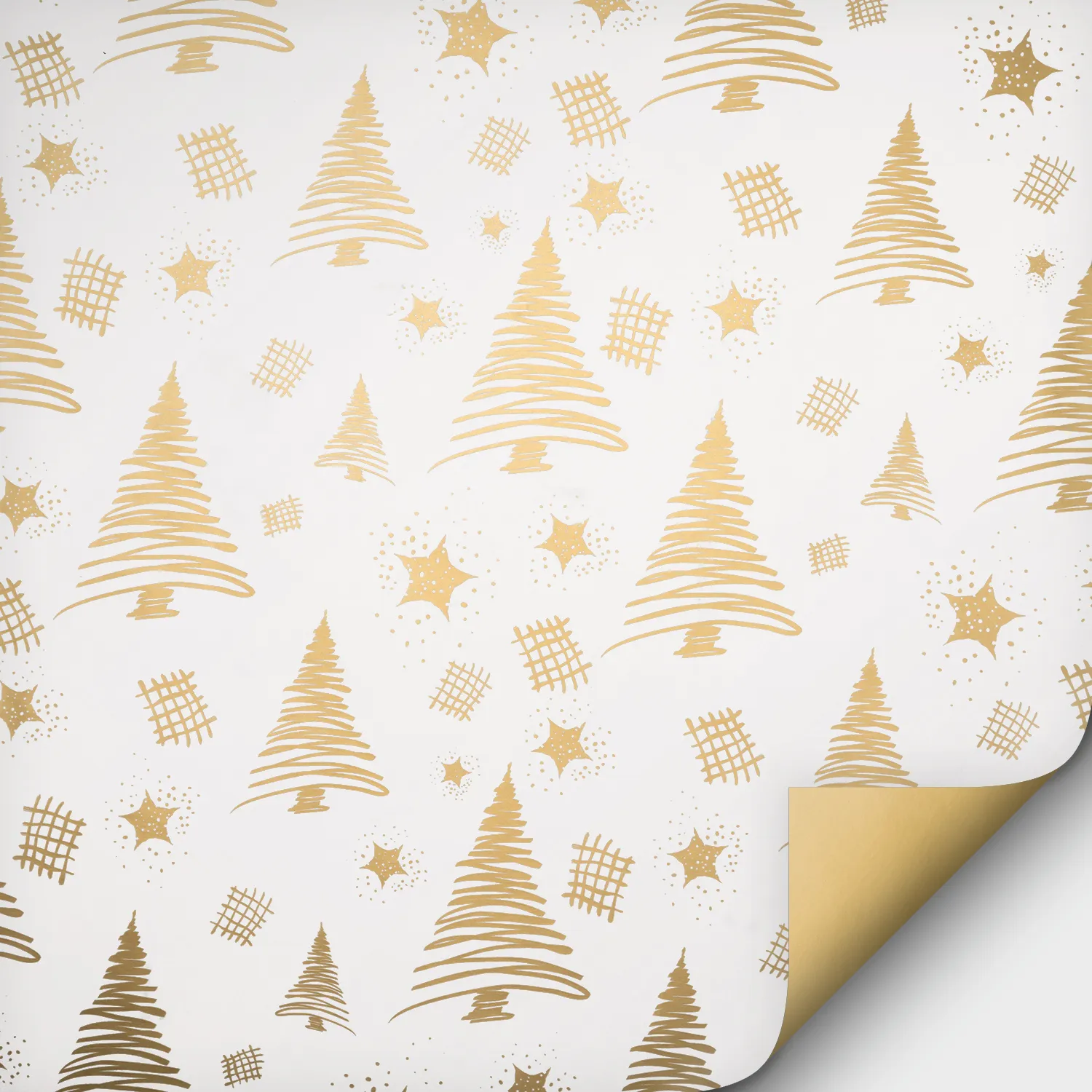 Weißes Geschenkpapier mit goldenen Weihnachtsbaum-Motiven und Sternen