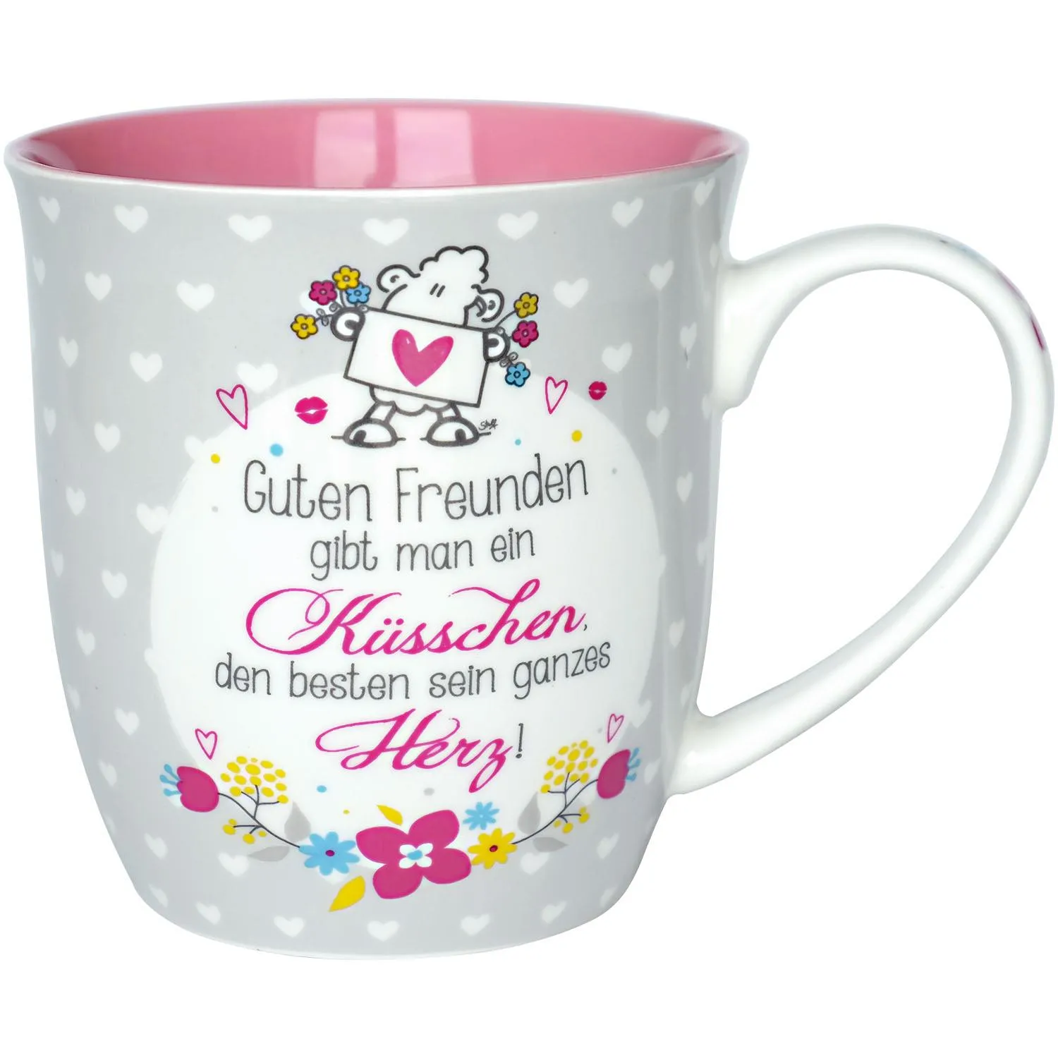 Graue Porzellan-Tasse mit rosa Innenraum und Schäfchen-Motiv