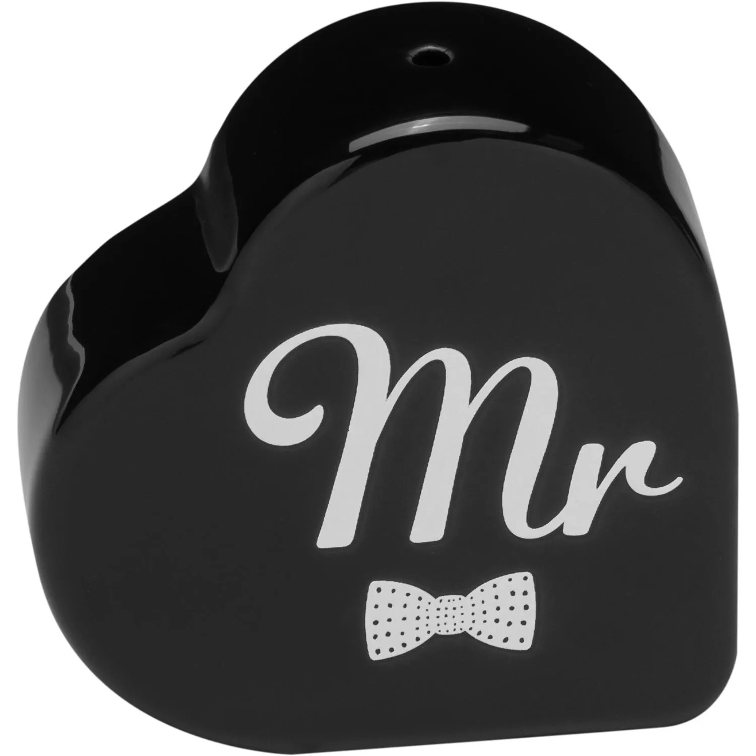 Schwarzes Herz-Salz- und Pfefferstreuer-Set aus Porzellan mit Mr-Druck und Bowtie