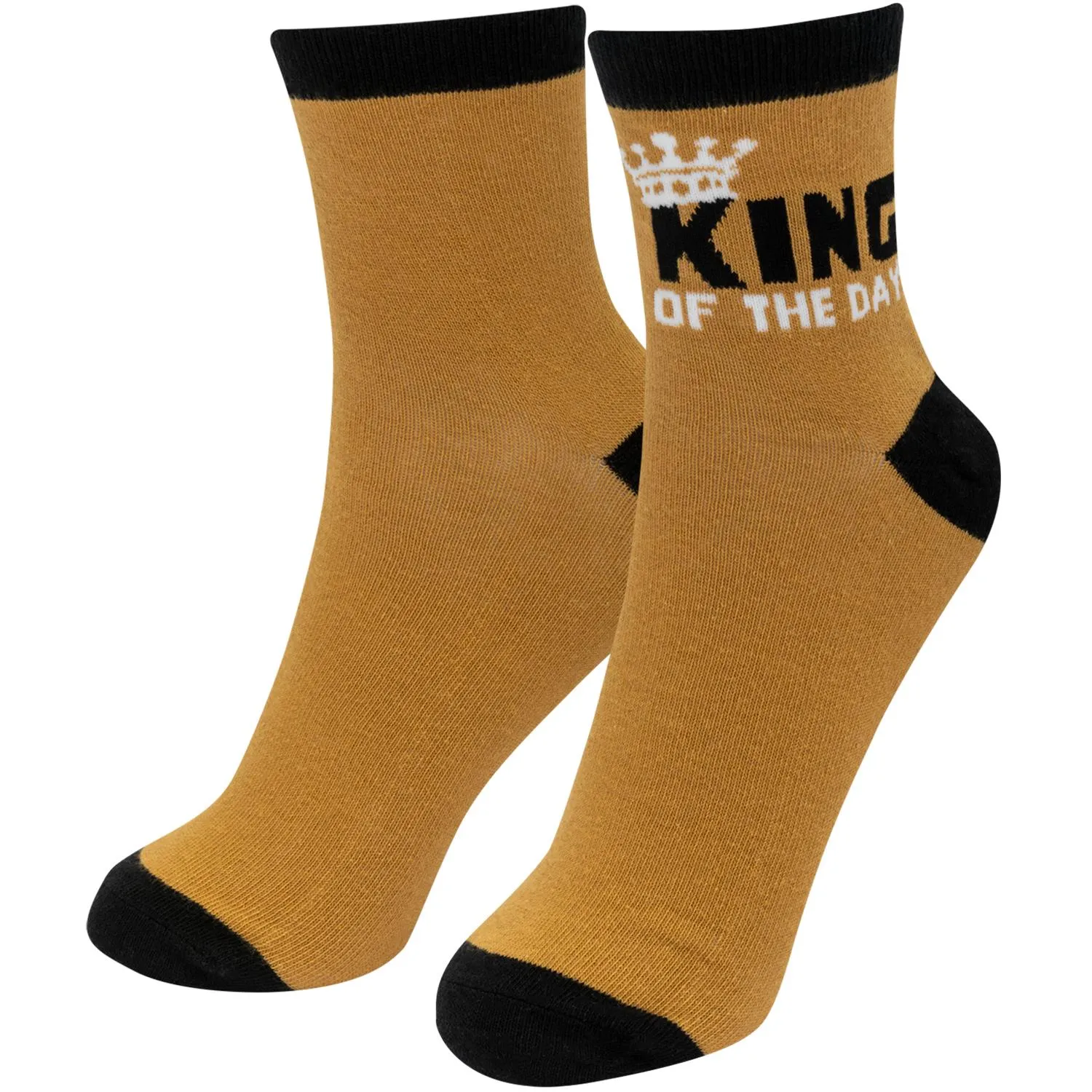 Goldgelbe Socken mit King of the Day Motiv und Krone, schwarzer Rand.