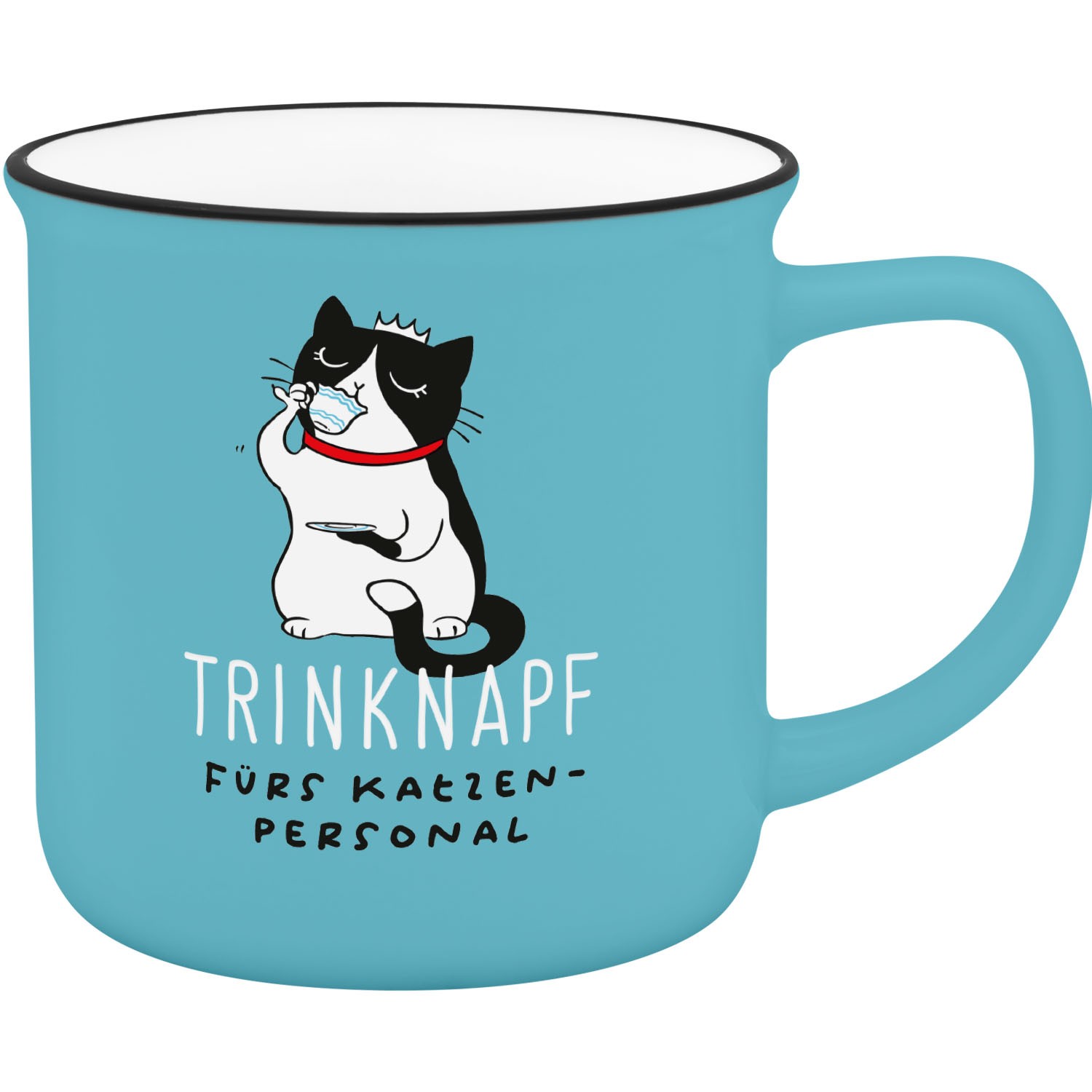 Türkiser Becher mit Katzenmotiv und Spruch 'Trinknapf fürs Katzenpersonal'.