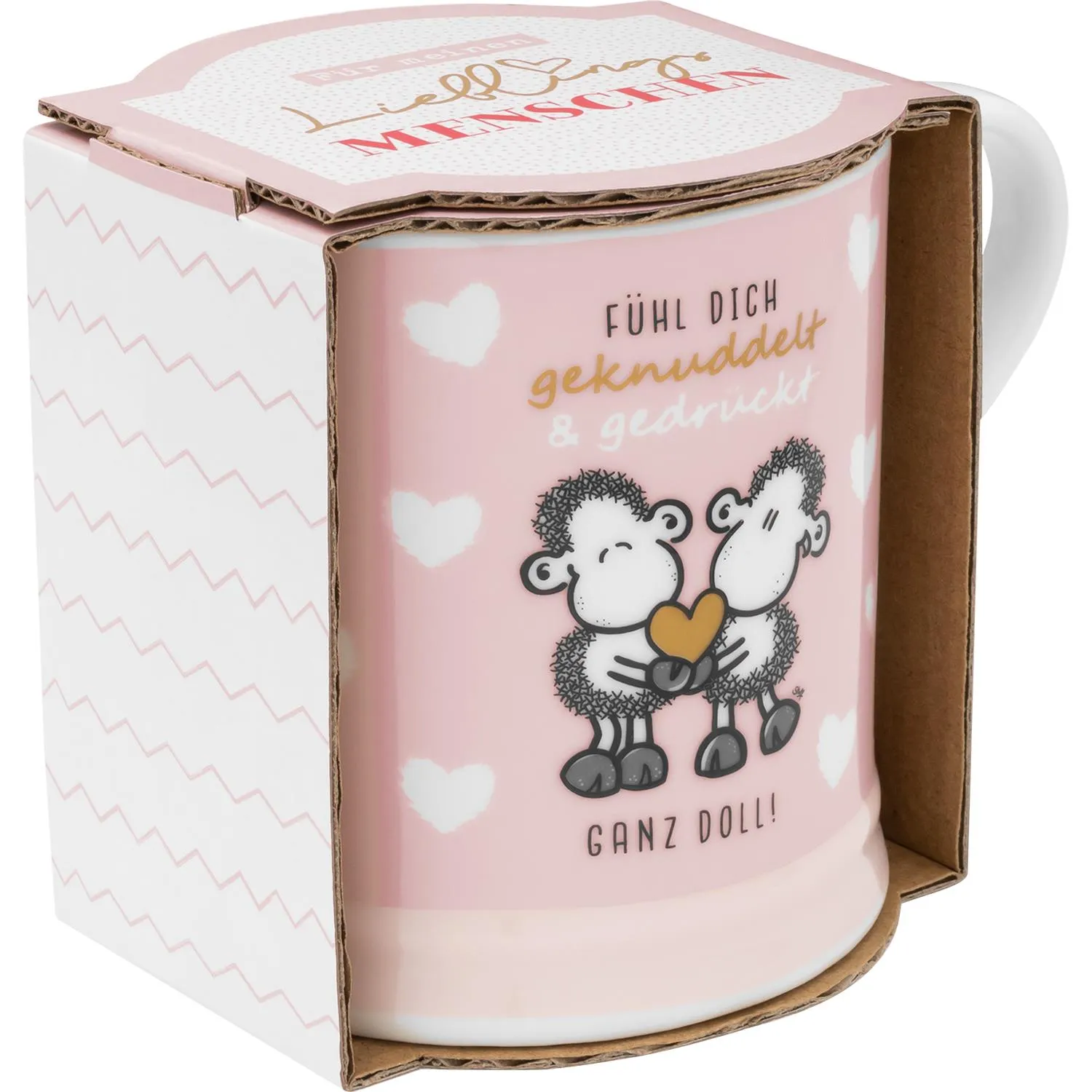 Pastellrosa Porzellan-Tasse mit zwei Schafen und Herzen, Spruch Fühl Dich geknuddelt & gedrückt.