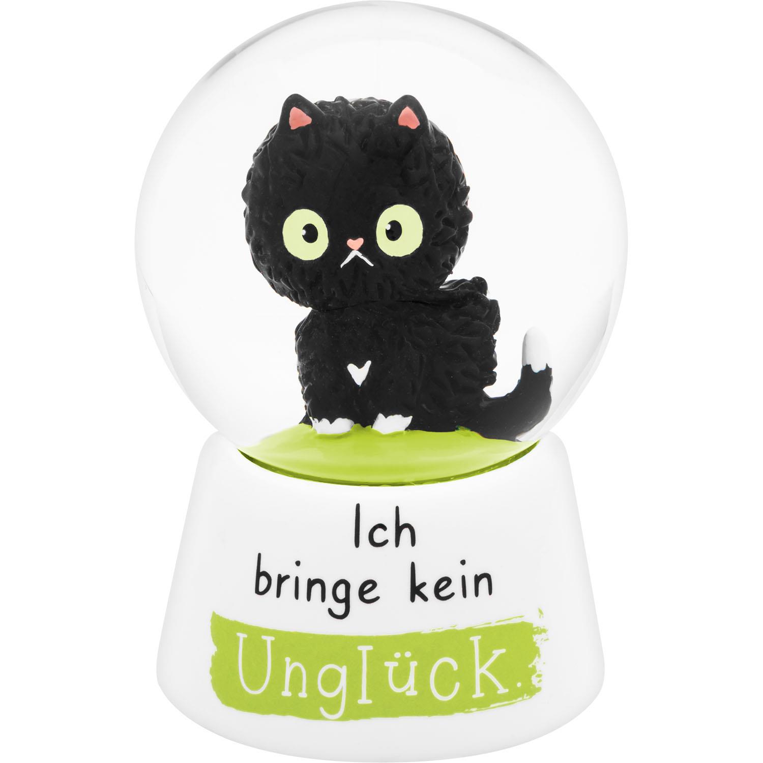Schwarze Katzen-Schneekugel aus Polyresin mit grünem Glitzer auf weißem Sockel, 6,5 cm hoch, Glasball.