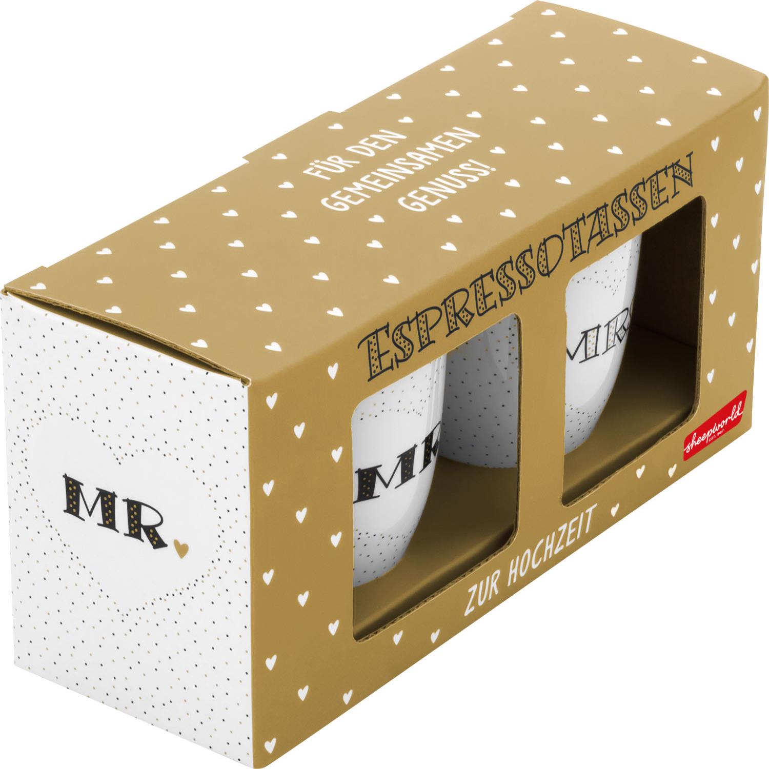 Espressotassen-Set Mr & Mrs in Geschenkbox aus Porzellan mit Golddruck