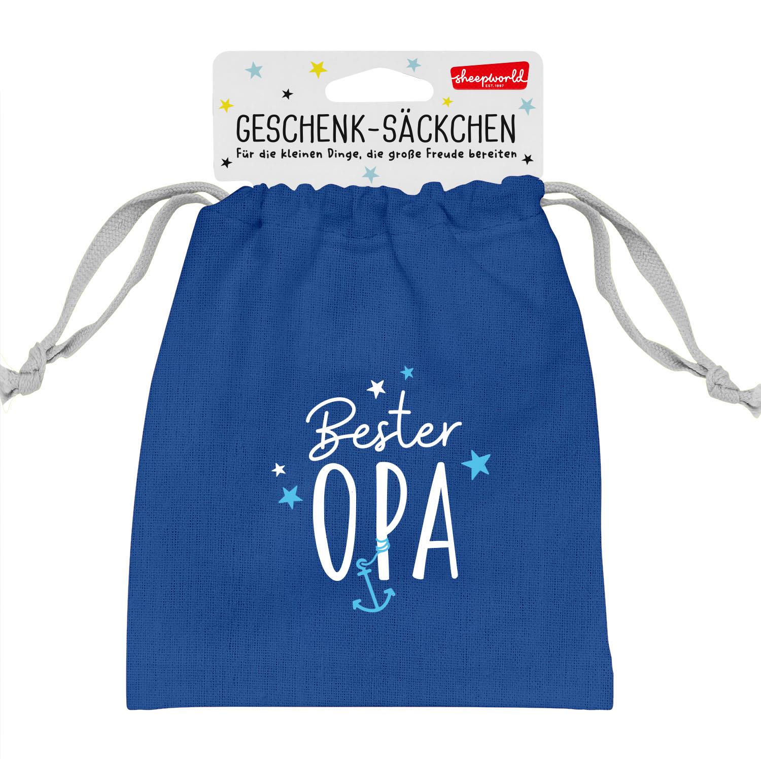Blaues Geschenksäckchen mit 'Bester OPA' Motiv, aus Canvas und Baumwolle, mit Zugband.